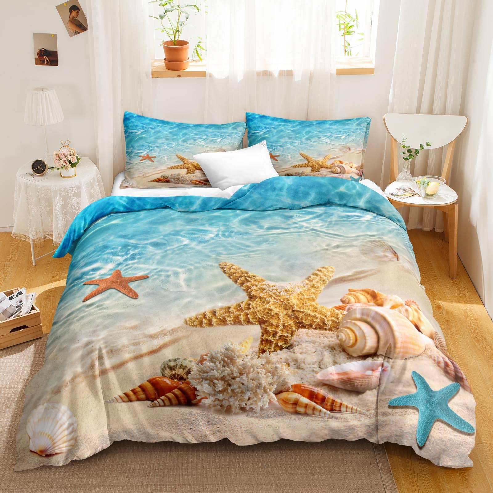 Bedbay Coastal Bedding Set,Boys Girls Bedding Set Queen,Starfish Conch Ocean Duvet Cover Set,3 Pieces Soft Microfiber Beach Themed Quilt Cover,Summer Beach Room Decor(Aqua,Queen)