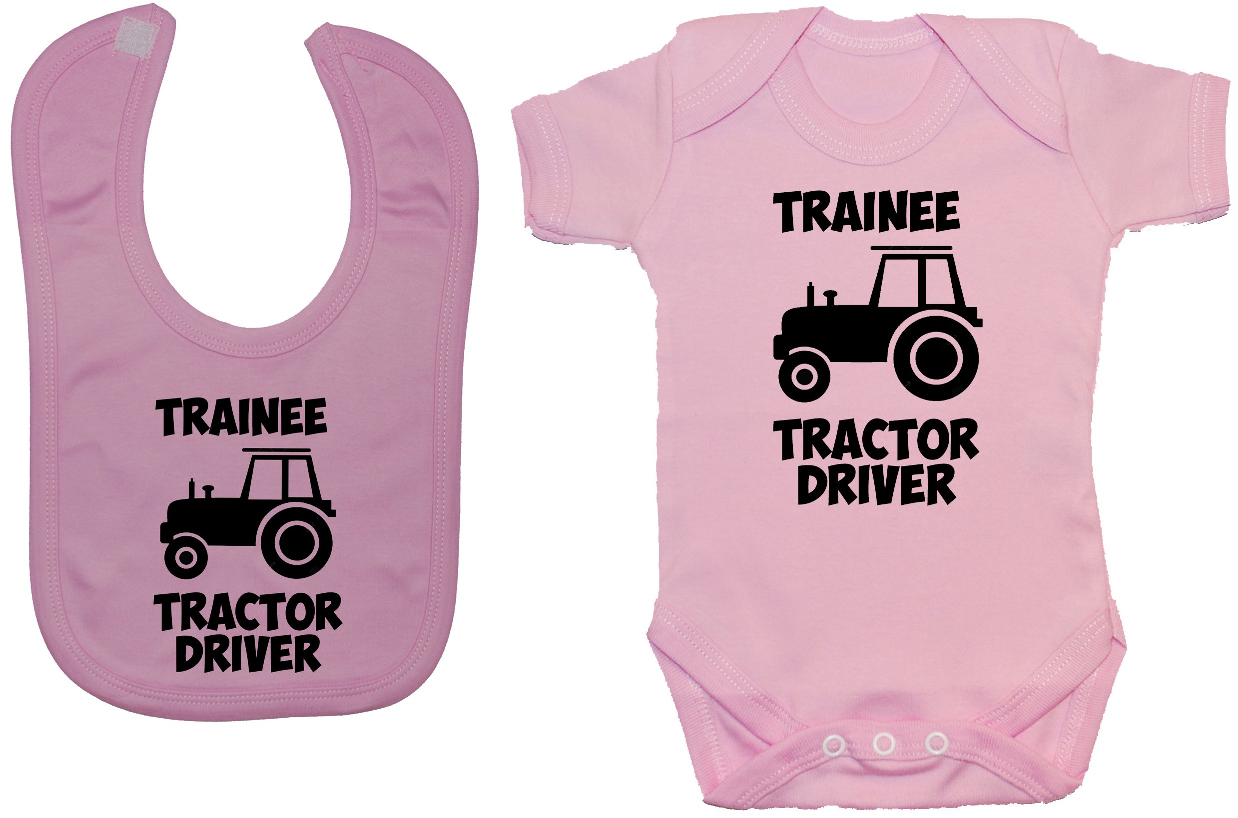 Acce Products Trainee Tractor Driver Baby Bodysuit/Romper & Feeding Bib - 6-12 Months - Pink