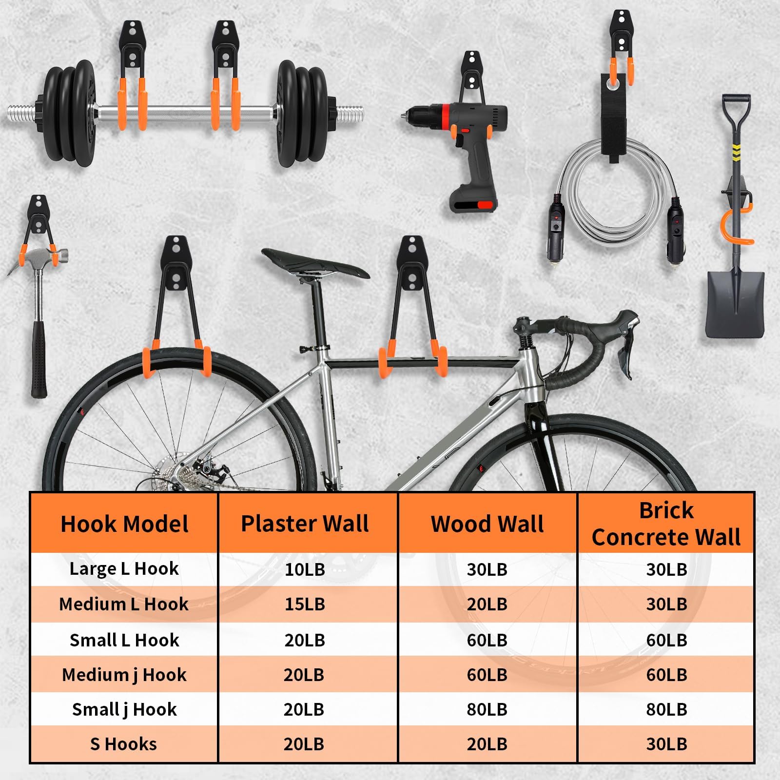EZ COZY Robuste Wandhalterungshaken, 16 Stück mit 2 Verlängerungsschnurbändern (orange) für Garage, Schuppen, Fahrräder, Leitern, Seile