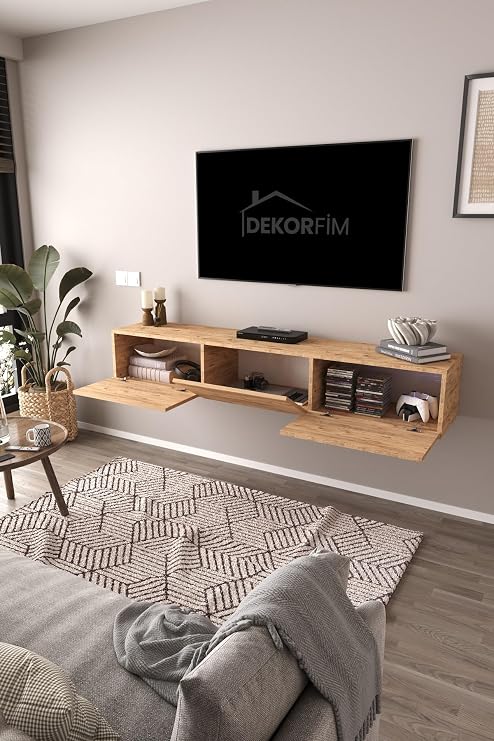 DF17103 3 Dolaplı Duvara Monte TV Ünitesi 180 cm Modern Askılı Dekoratif, Şık Stilde TV Sehpası Atlantik Çam