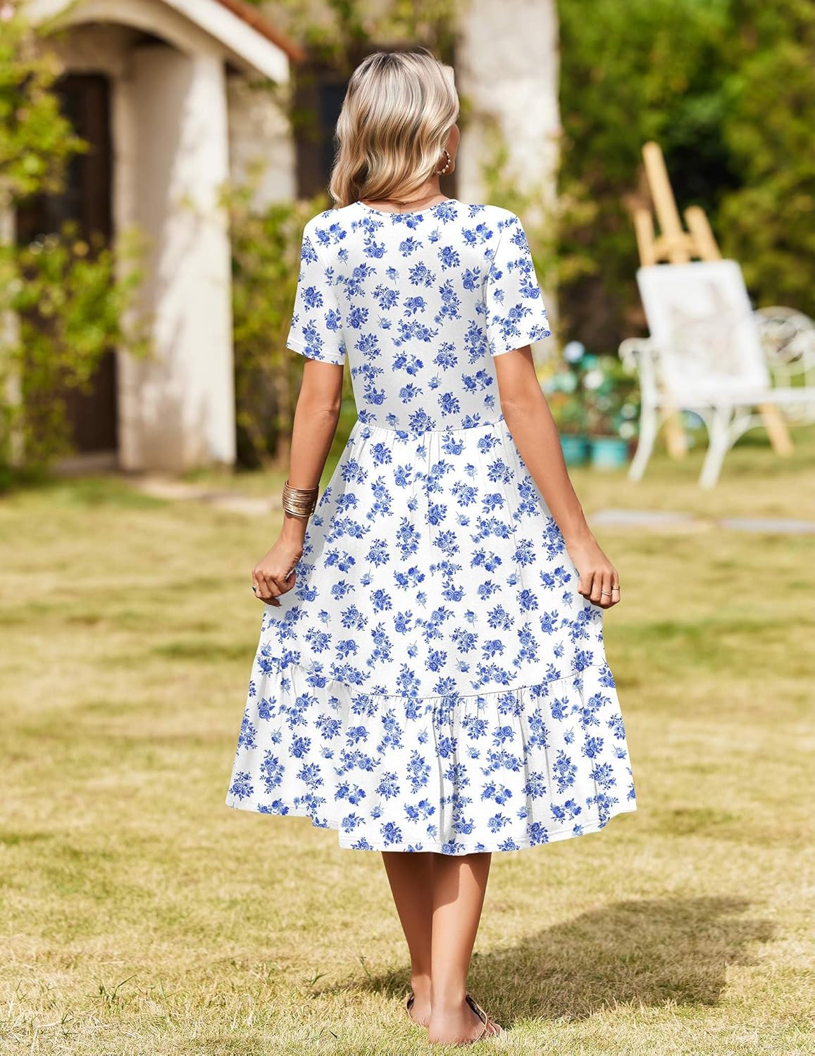 Zeagoo Womens Summer Warp V-Neck Casual Dresses Short Sleeve Midi Floral Dress with Pockets Tiered Flowy A Line Sundress - Image 6