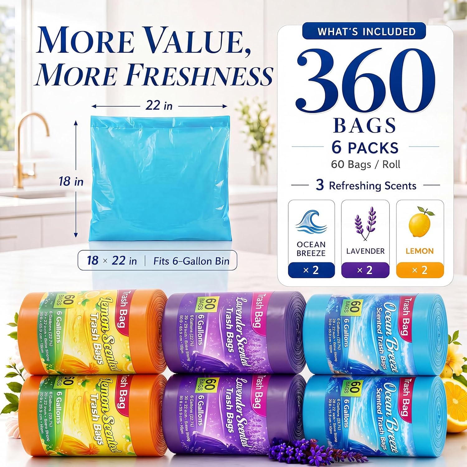 Engrowtic 360 Count 6 Gallon Trash Bags Scented Thick Bathroom Scented Bag image 3