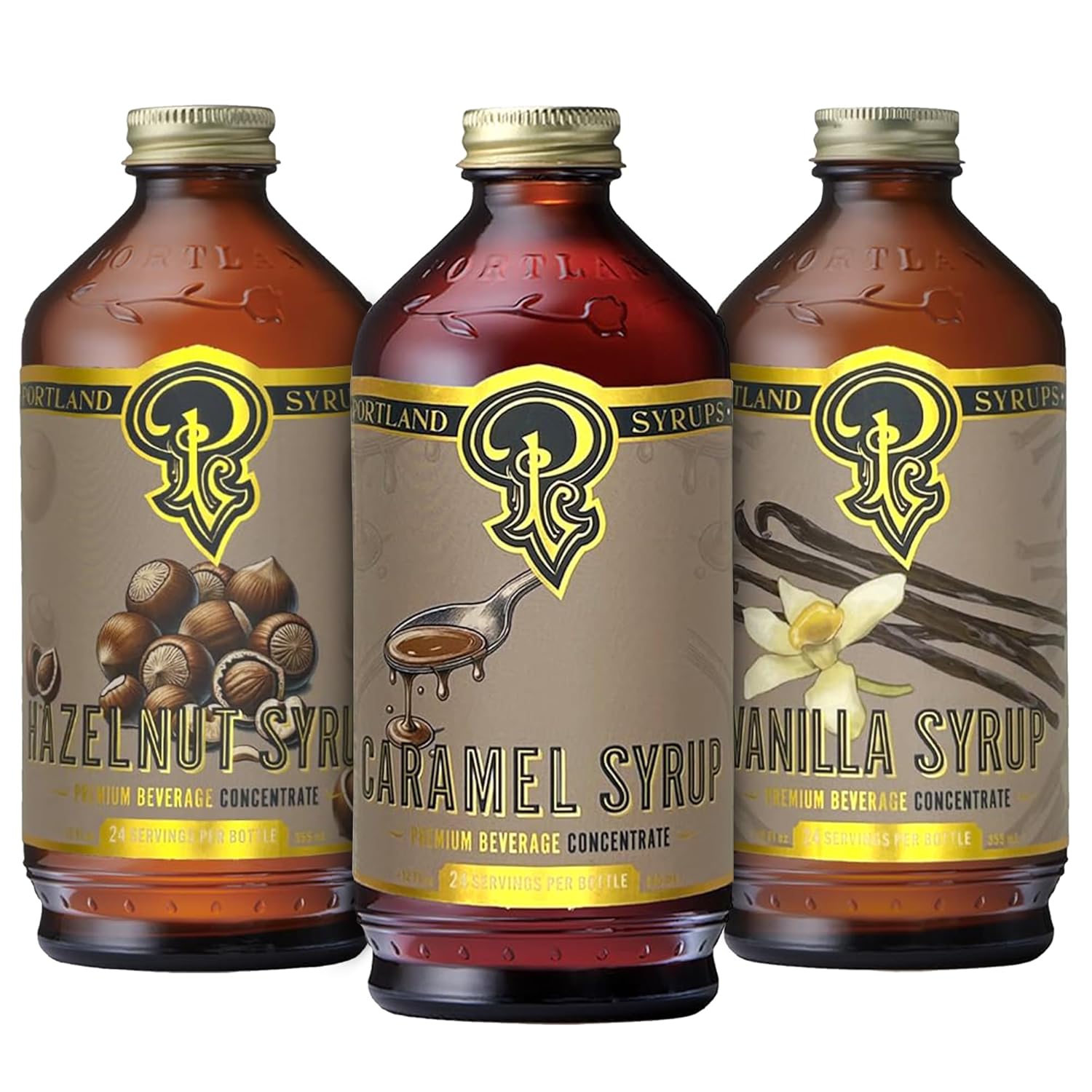 Portland Syrups Flavor Bundle – Caramel, Vanilla, & Hazelnut Syrups for Coffee, Latte, Cocktails, & Desserts – 12 oz Bottles, 12-24 Servings Each, Pack of 3