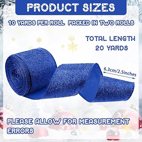 Miniatura 2 de Cindeer 2 rollos de cinta de Navidad con borde con alambre con purpurina para regalos, guirnaldas, tarjetas, coronas, fiestas, hogar (azul rey, 2.5