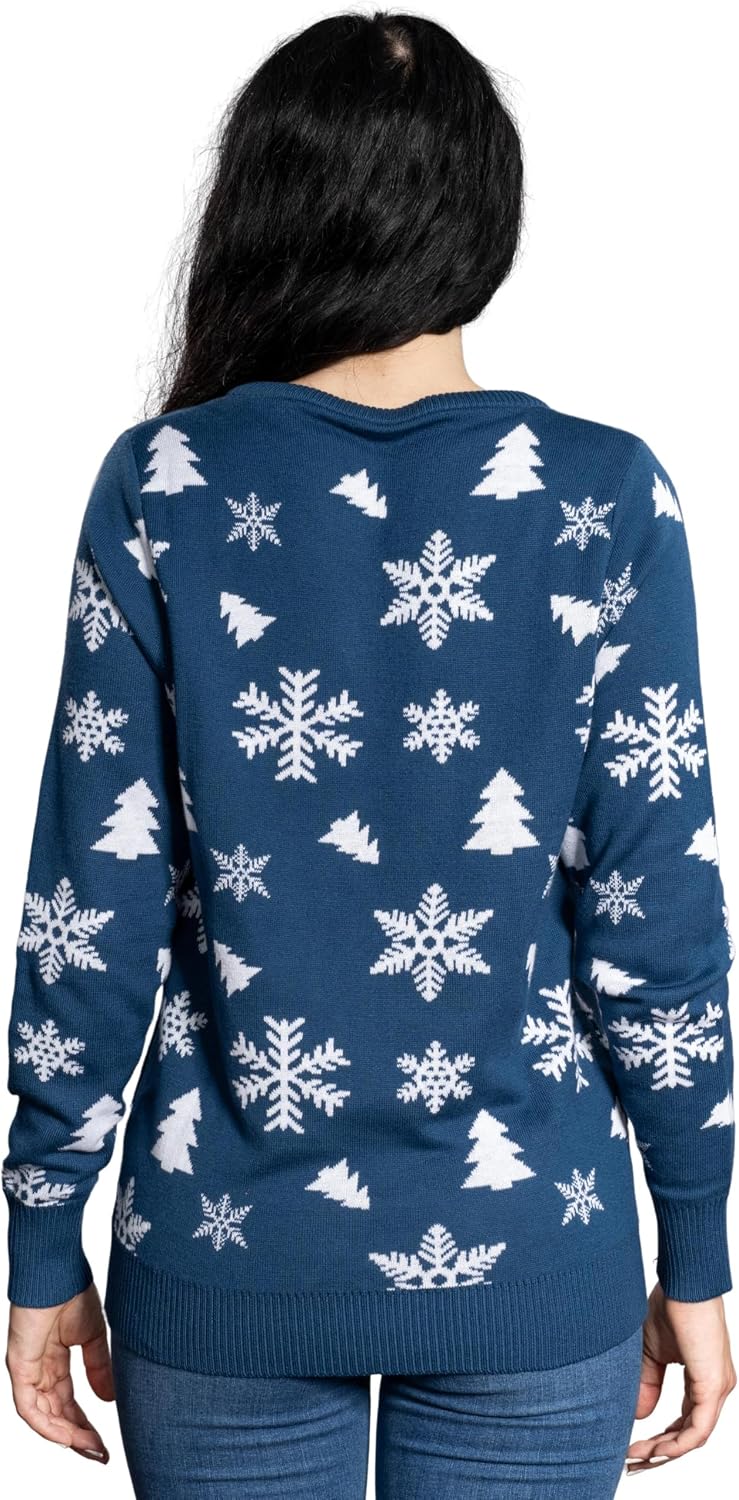 UglyChristmasSweater Women’s Sequin Snowman Fun Festive Sweater with Snowflakes and Trees for Holiday Parties