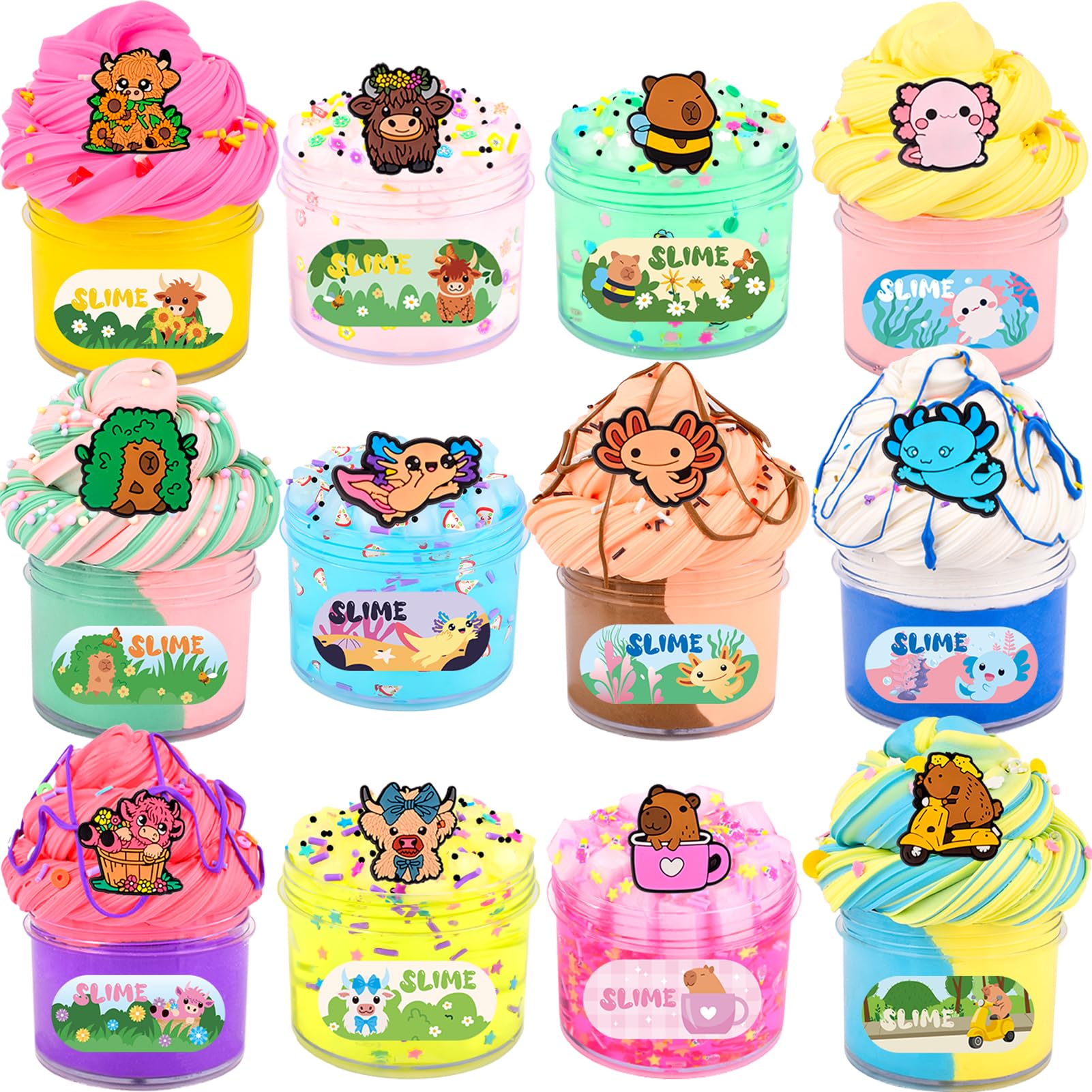 12 Pack Fluffy Axolotl Slime Kit with 7 Pack Butter Slime and 5 Pack Clear Jelly Slimes, Highland Cow Capibara Slime Set for Kids, Putty Sludge Toy Gifts for Girls Boys