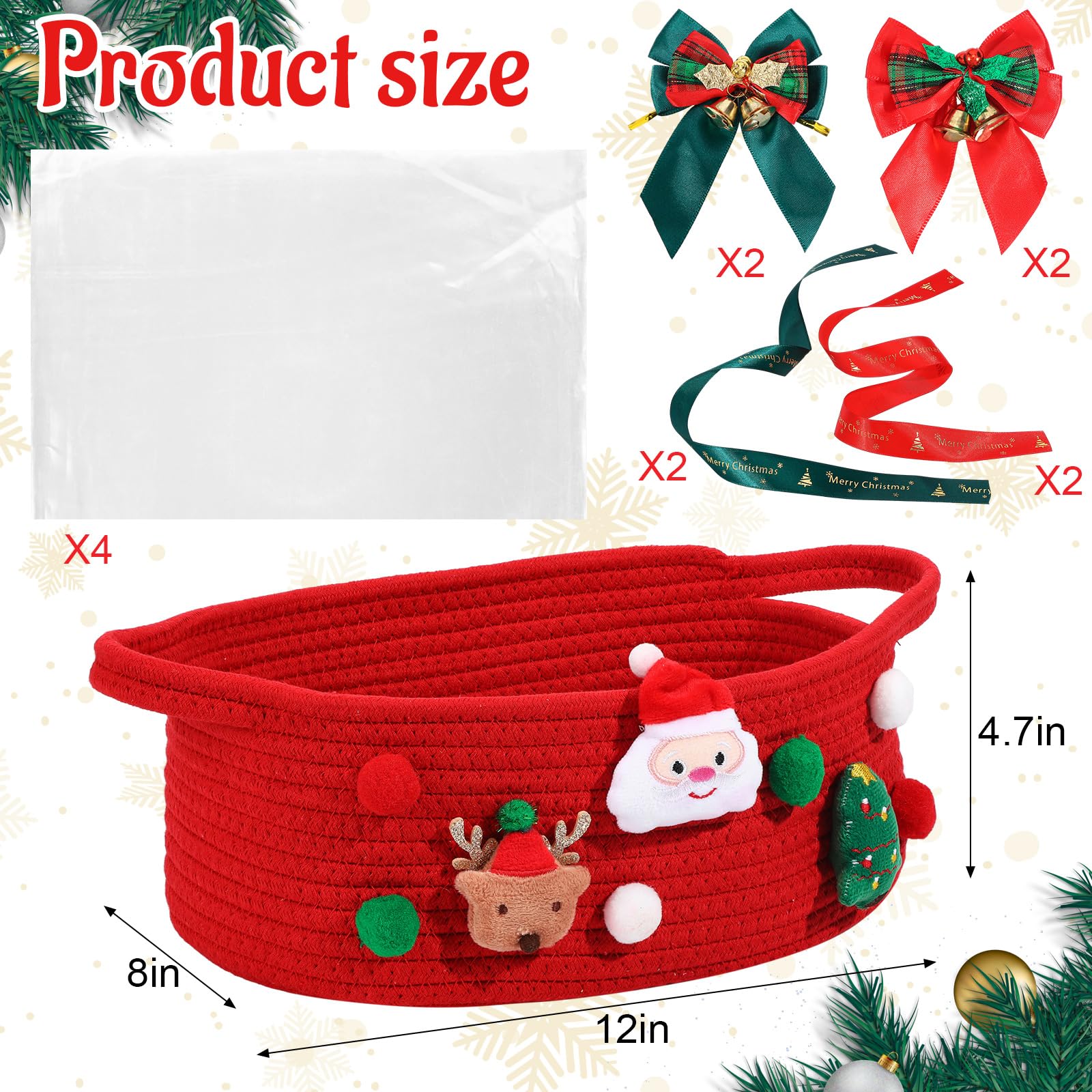 Honeydak Geschenkkorb mit Zellophan und Schleife, leer, Weihnachtsmann, Hirsch, Baum, gewebter Korb mit Griff für Weihnachtsgeschenkverpackung, Heimdekorationen, 4er-Set