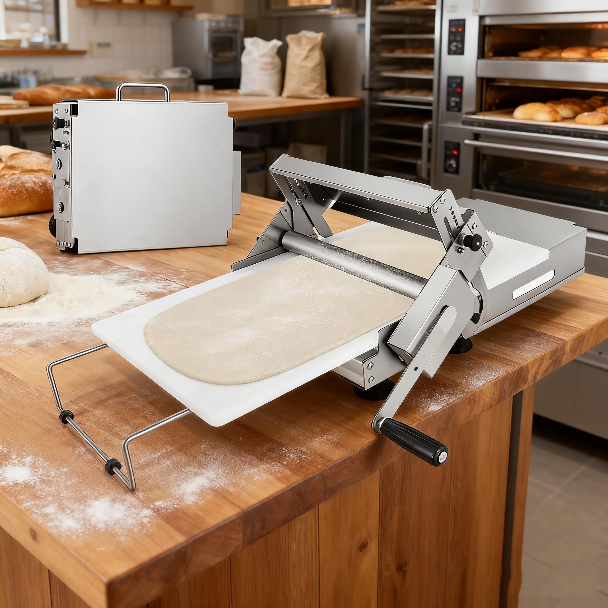 YXZQLOZ 12in Stainless Steel Dough Sheeter - Commercial Manual Roller for Croissants & Pastries, Adjustable Thickness, for Home Kitchens & Small Bakeries