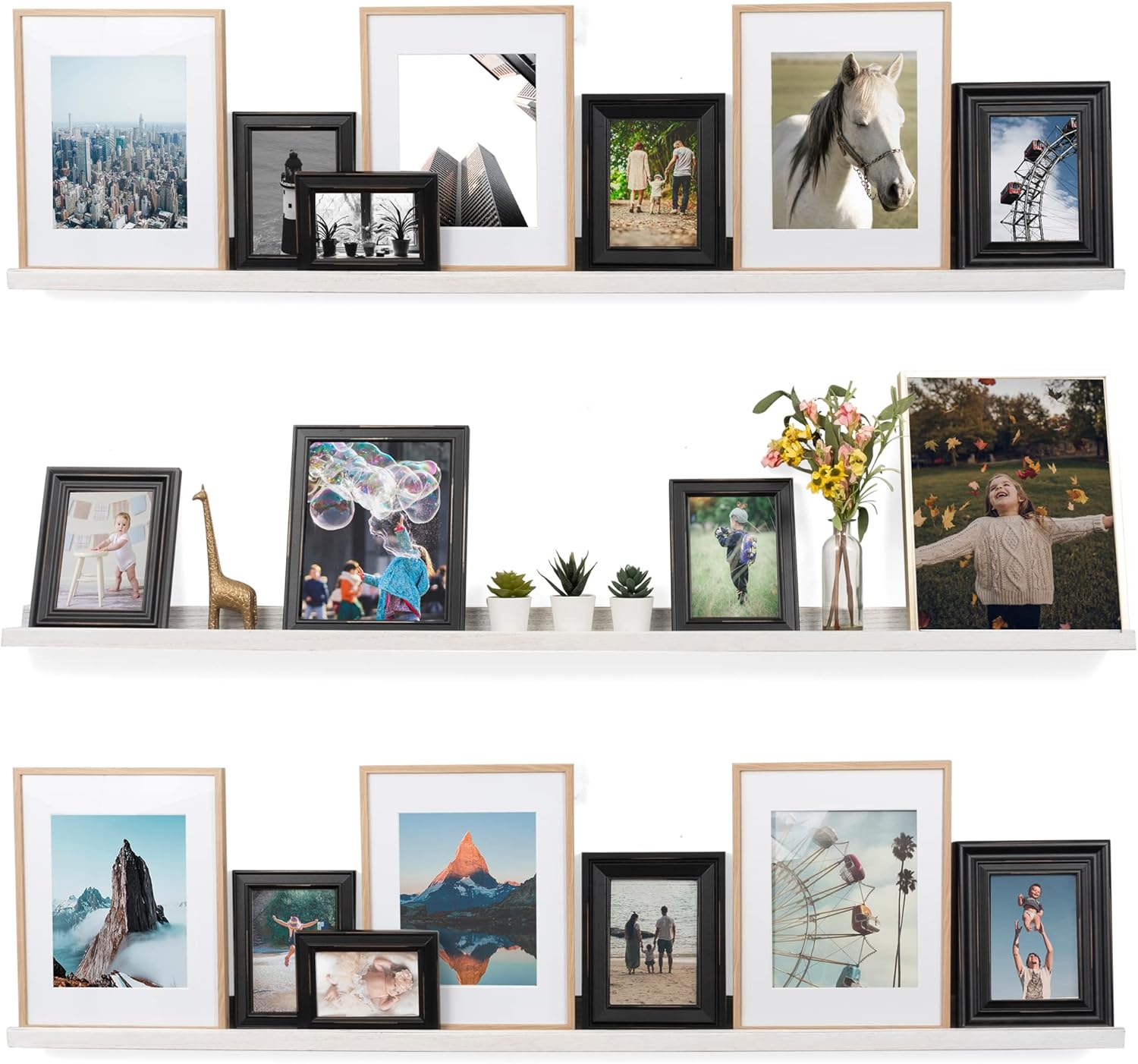 Rustic State Ted 60" Wall Mount Extra Long Narrow Picture Ledge Photo Frame Display - Wooden Floating Shelf for Living Room Office Kitchen Bedroom Bathroom Décor - Set of 3 - Burnt White