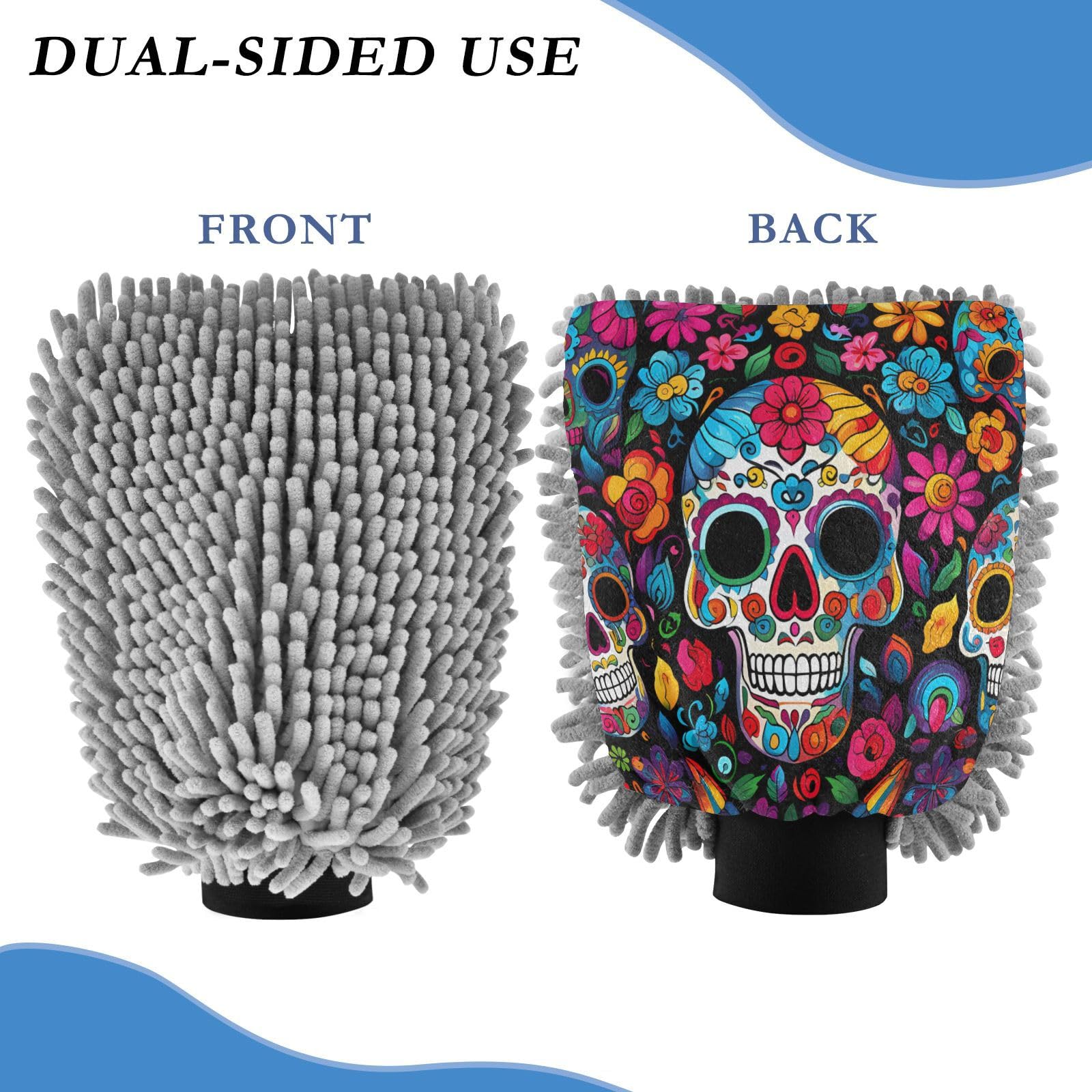 ALAZA Sugar Skull Day of Dead Car Wash Mitt Scratch Free, 2 Pack Absorbent Microfiber/Chenille Washing & Drying Mitts, M