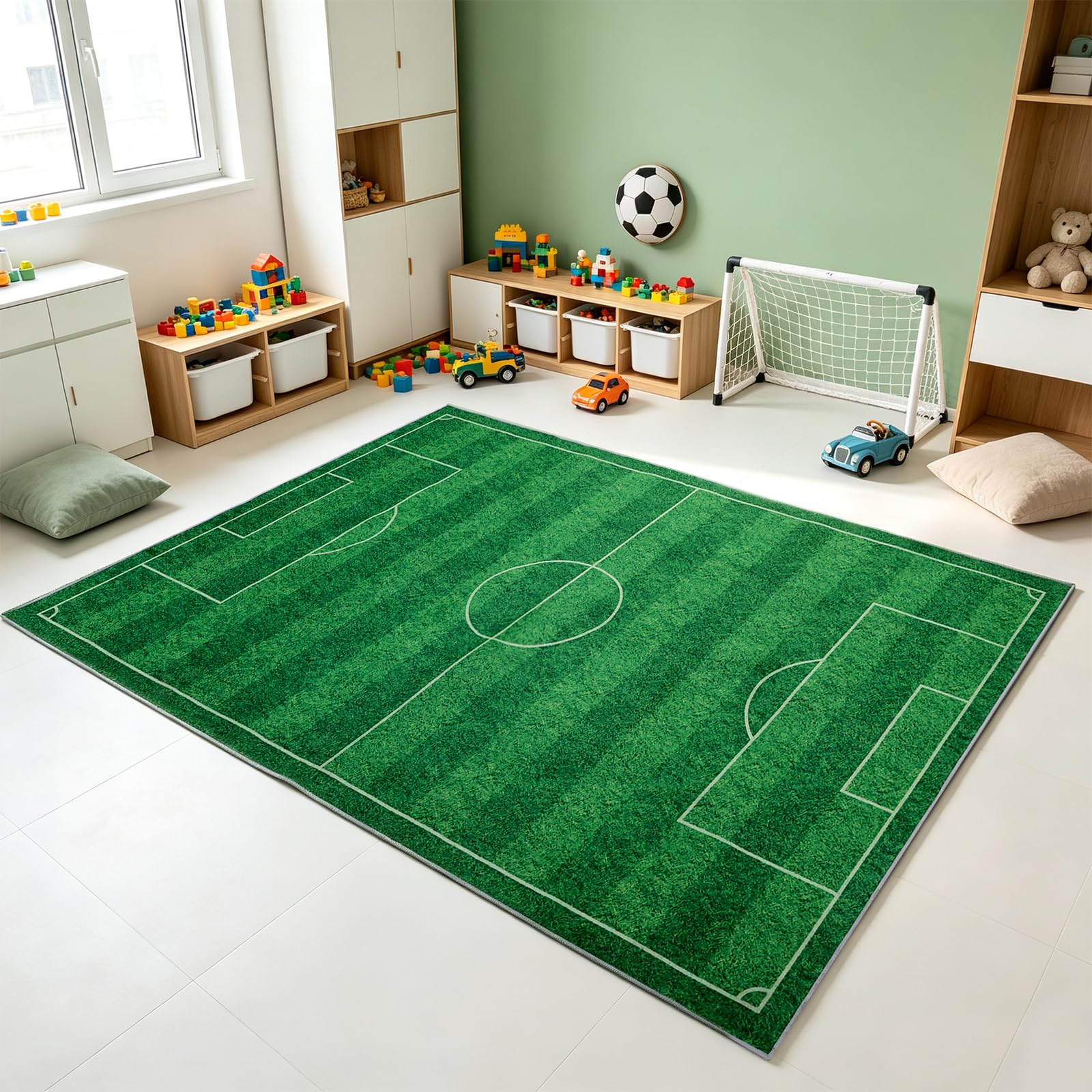 79” x 59” Soccer Rug, Green Grass Soft Cushioned Play Rug