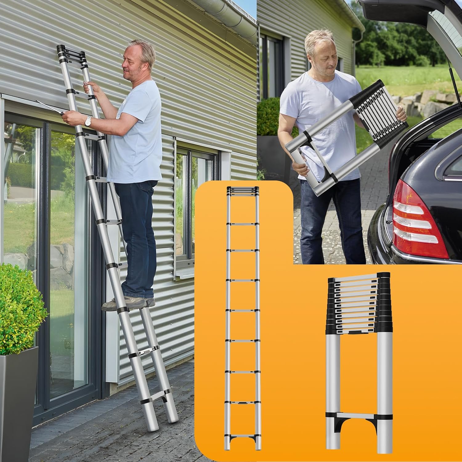 12.8/15.5ft Telescoping Extension Ladder, Lightweight Collapsible Ladders, Aluminum Telescoping Ladders for Home, Folding Telescop Ladder for RV, Attic, Daily Use at Home, Capacity 330 lbs (15.5 FT)