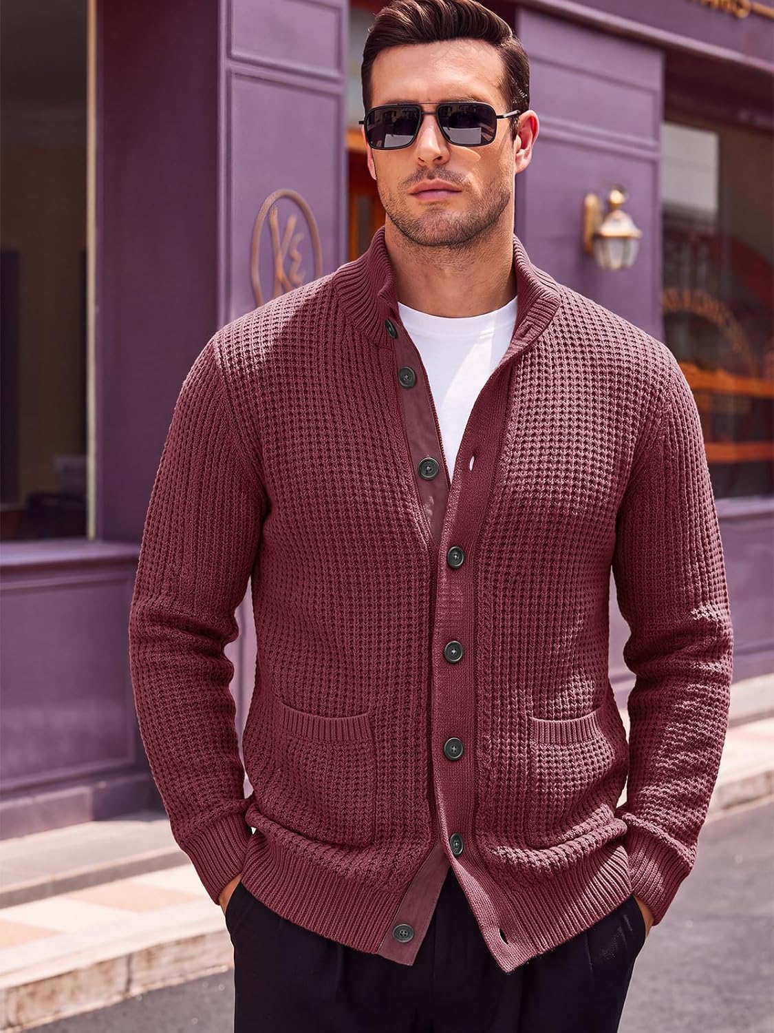 Runcati Mens Casual Waffle Knit Cardigan Sweater Stand Collar with Pockets
