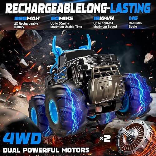 Miniatura 4 de BainGesk Juguetes de camión monstruo a control remoto impermeable, auto RC 116, 2.4GHz 4WD juguetes de automóvil todo terreno con 2 baterías