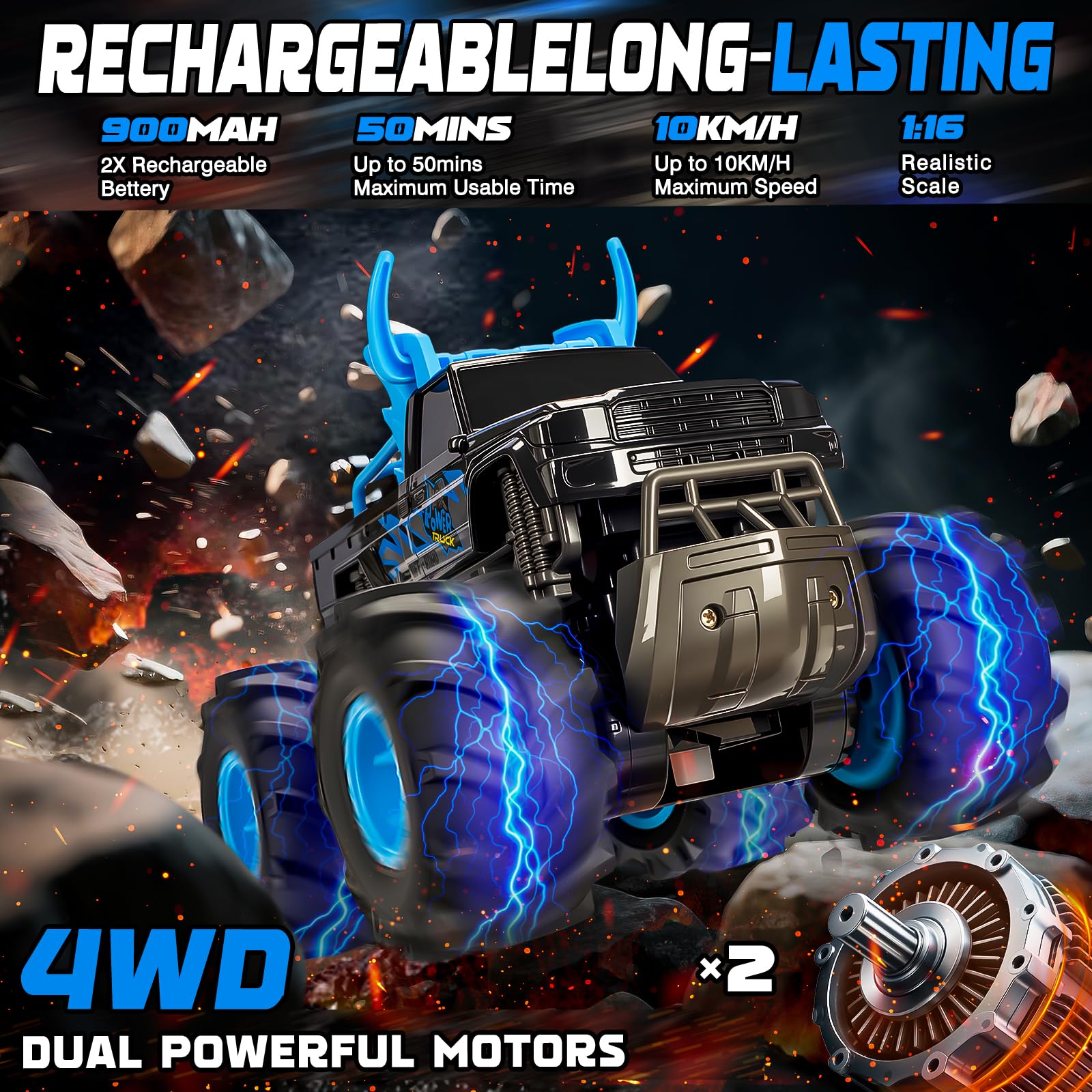 BainGesk Waterproof Remote Control Monster Truck Toys, 1:16 RC Car, 2.4GHz 4WD All Terrain Car Toys with 2 Rechargeable Batteries, Off-Road Truck Gifts for 6, 7, 8, 9, 10, 11, 12 Year Old Boys