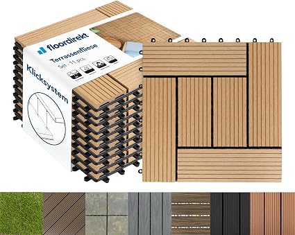 Produktbild von 5m² 55 Stück WPC Terrassenfliesen 30x30 Cm Teak In Holzoptik Balkon Bodenbelag Mit Drainage Und Klicksystem Terrassendielen Balkonfliesen