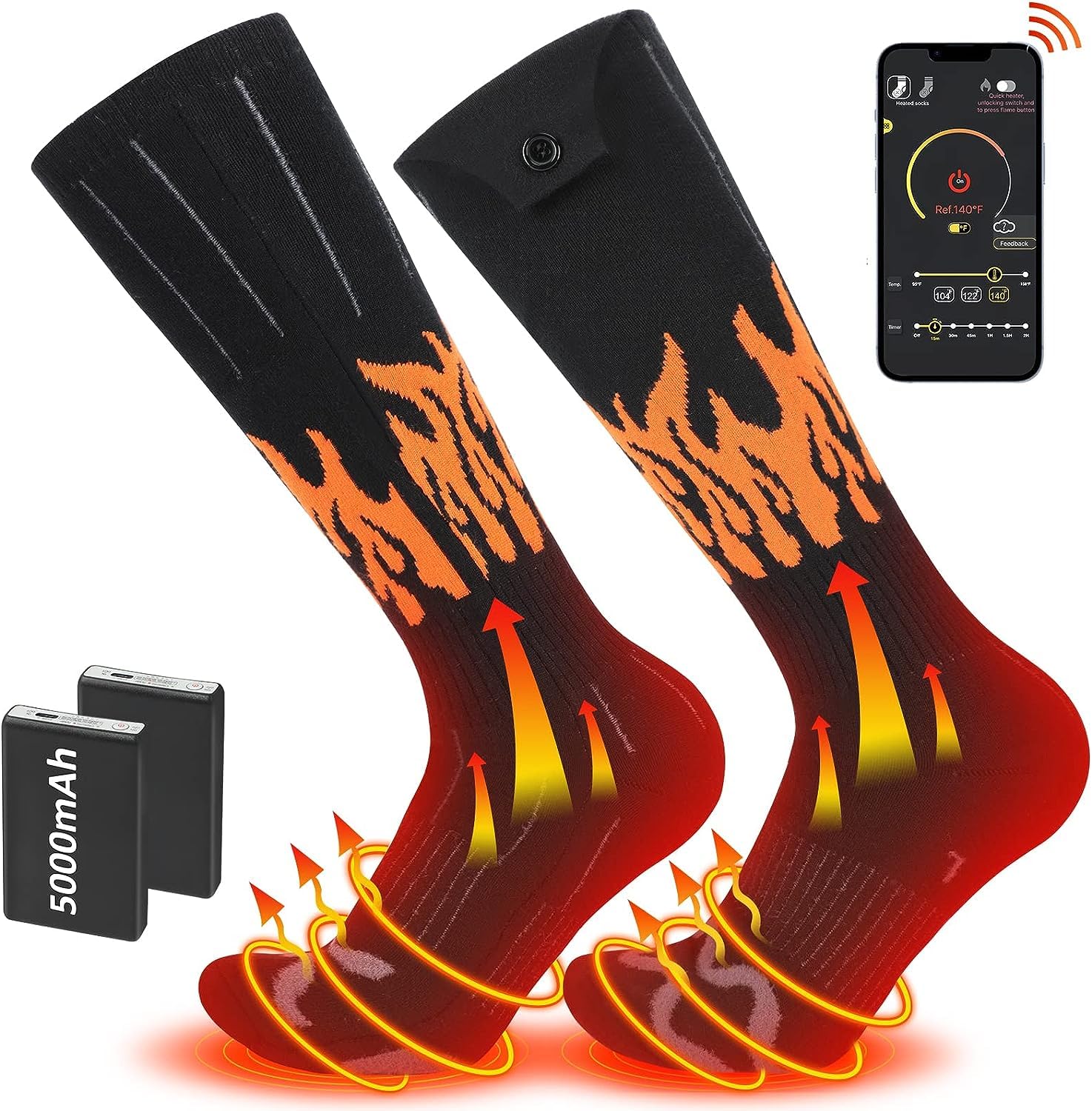 RELIRELIA Heated Socks Rechargeable Electric Heated Socks for Men Women - 5V/5000 mAh Battery Powered Foot Warmer Stockings with APP Control for Winter Hunting Skiing Camping Hiking