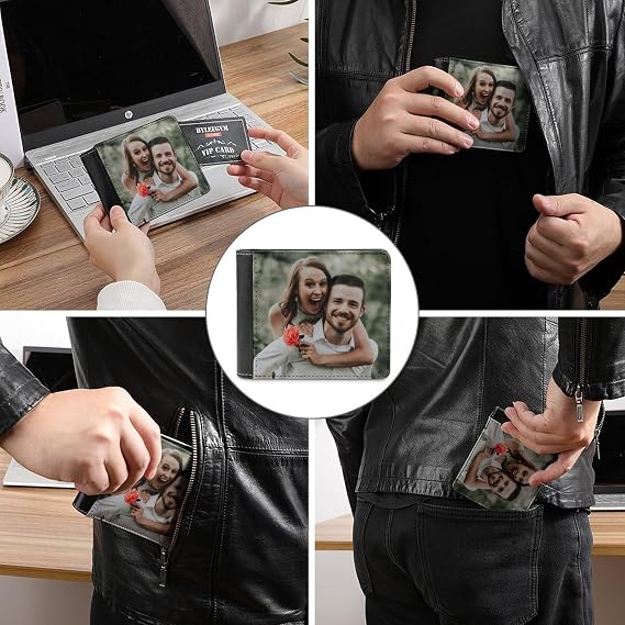 Custom Leather Wallets for Men Personalized Photo Wallet Design Your Picture Text Name Birthday Father's Day Gifts for Dad Husband Boyfriend (Double-sided Design)