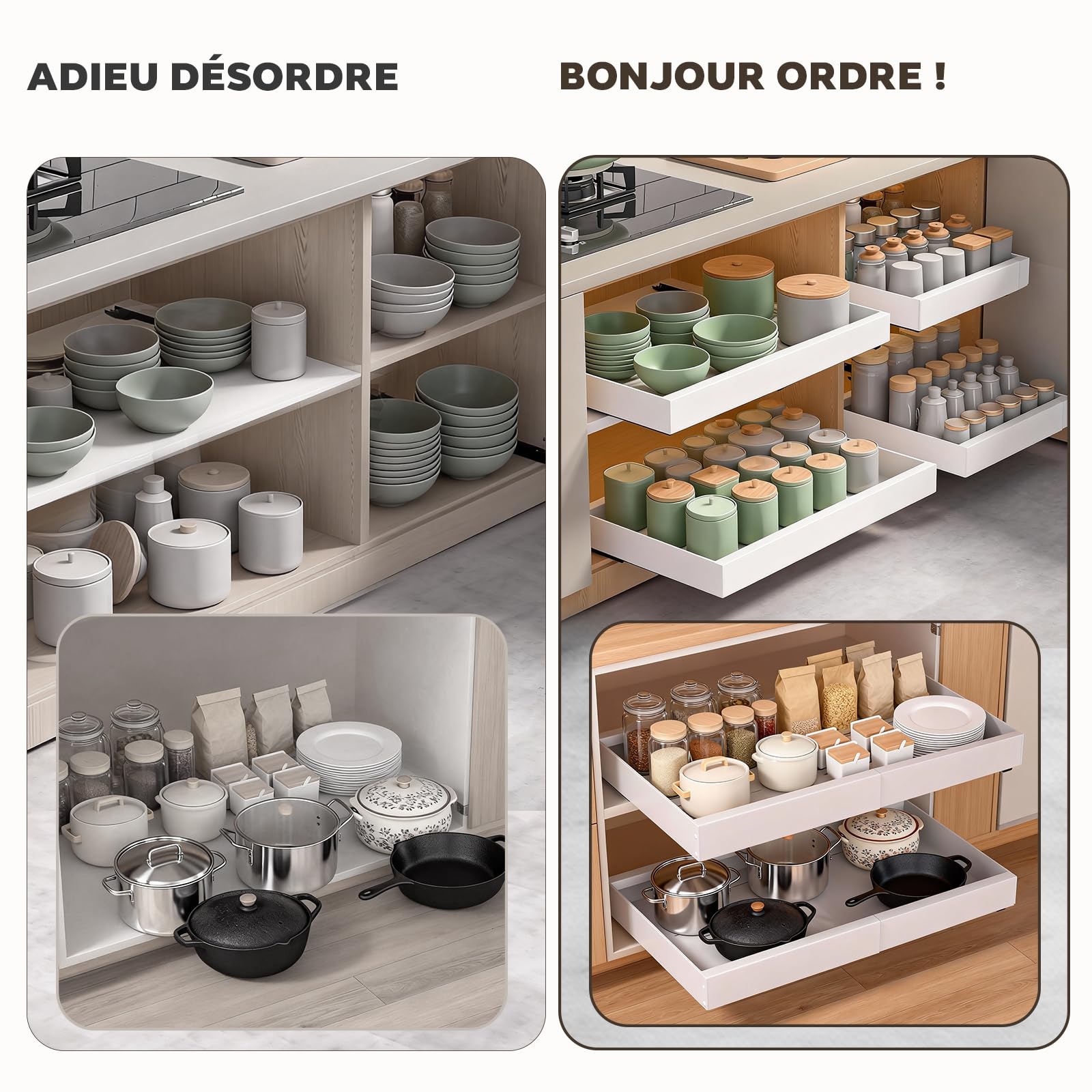 Lot de 2 Organisateur de Placard Extensible Blanc – Largeur Réglable 32-53 cm, Profondeur 42 cm – Tiroir Coulissant Adhésif pour Cuisine, Sans Perçage