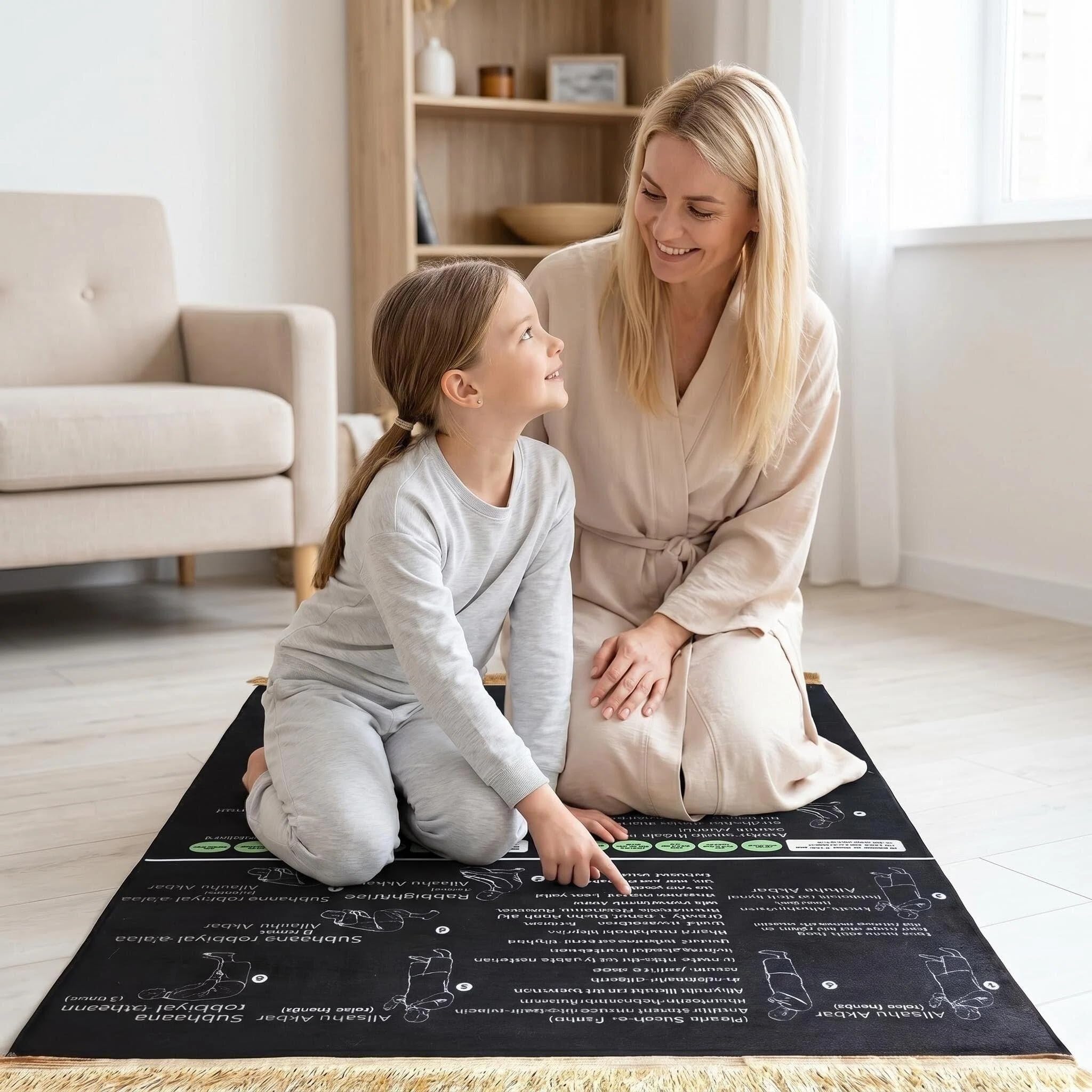 Tapis de prière musulman interactif guidé – Instructions étape par étape (français non garanti) d'apprentissage de la salah Janamaz, tapis de prière éducatif antidérapant pour enfants et