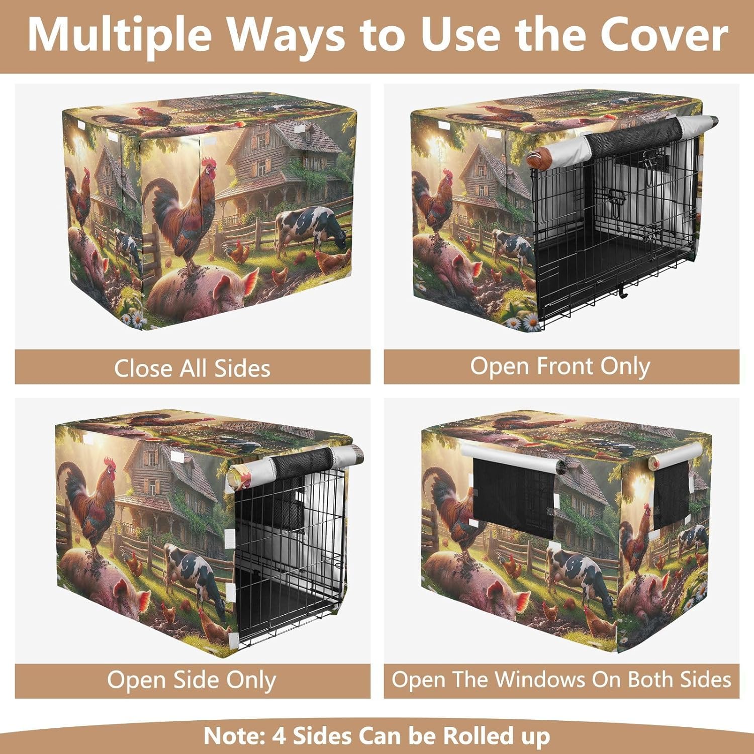 Cute Farmhouse Rooster Dog Crate Cover Roll-up Side Panels, Covers for Pet Crates, Large