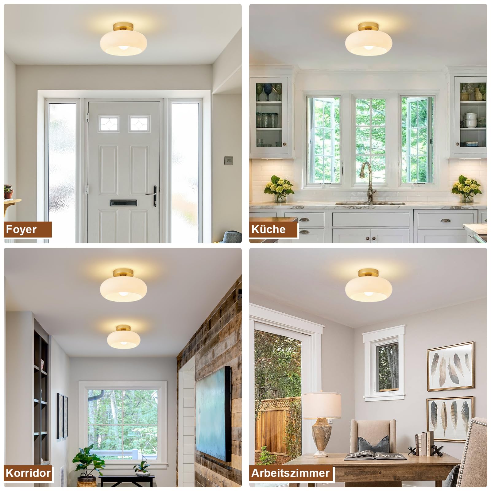WOKNOS Moderna Bianco Vetro Lampadario Plafoniere,Dorato Plafoniera(28CM) | E27 Rotondo Plafoniera,Lampada per Soggiorno Camera da Letto Cucina Corridoio Sala da Pranzo