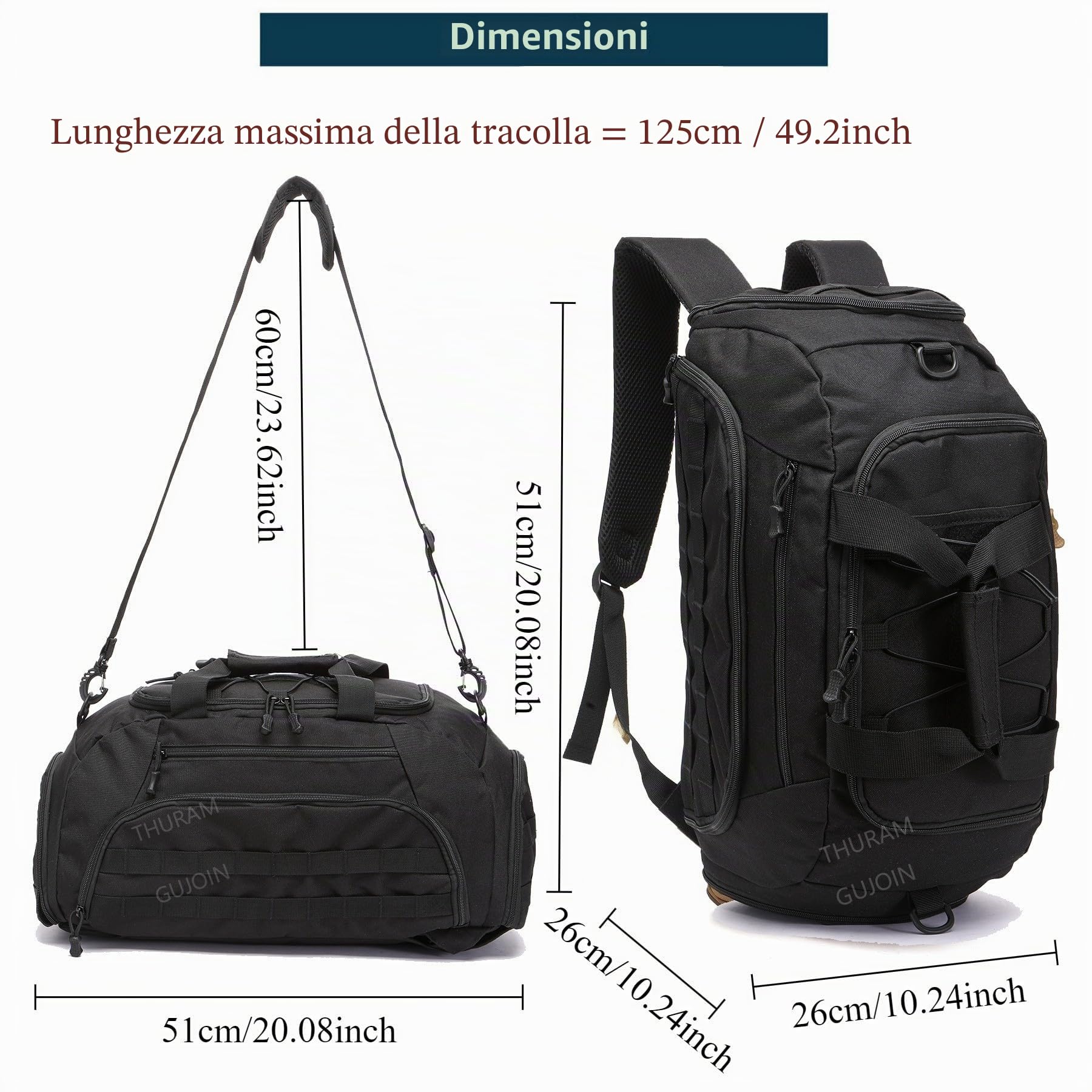Zaino tattico da palestra 3 in 1 con scomparto per scarpe, borsone convertibile per uomo e donna, borsa da viaggio per la notte, borsa da fitness, Nero , Sportivo