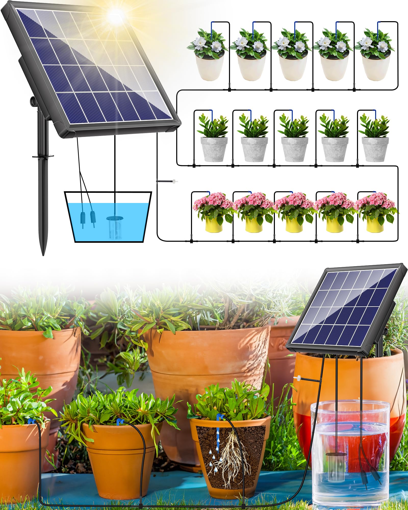 Biling Sistema solare per irrigazione balcone, 15 m, 2,5 W, giardino, piante, aiuola rialzata, serra, vacanze