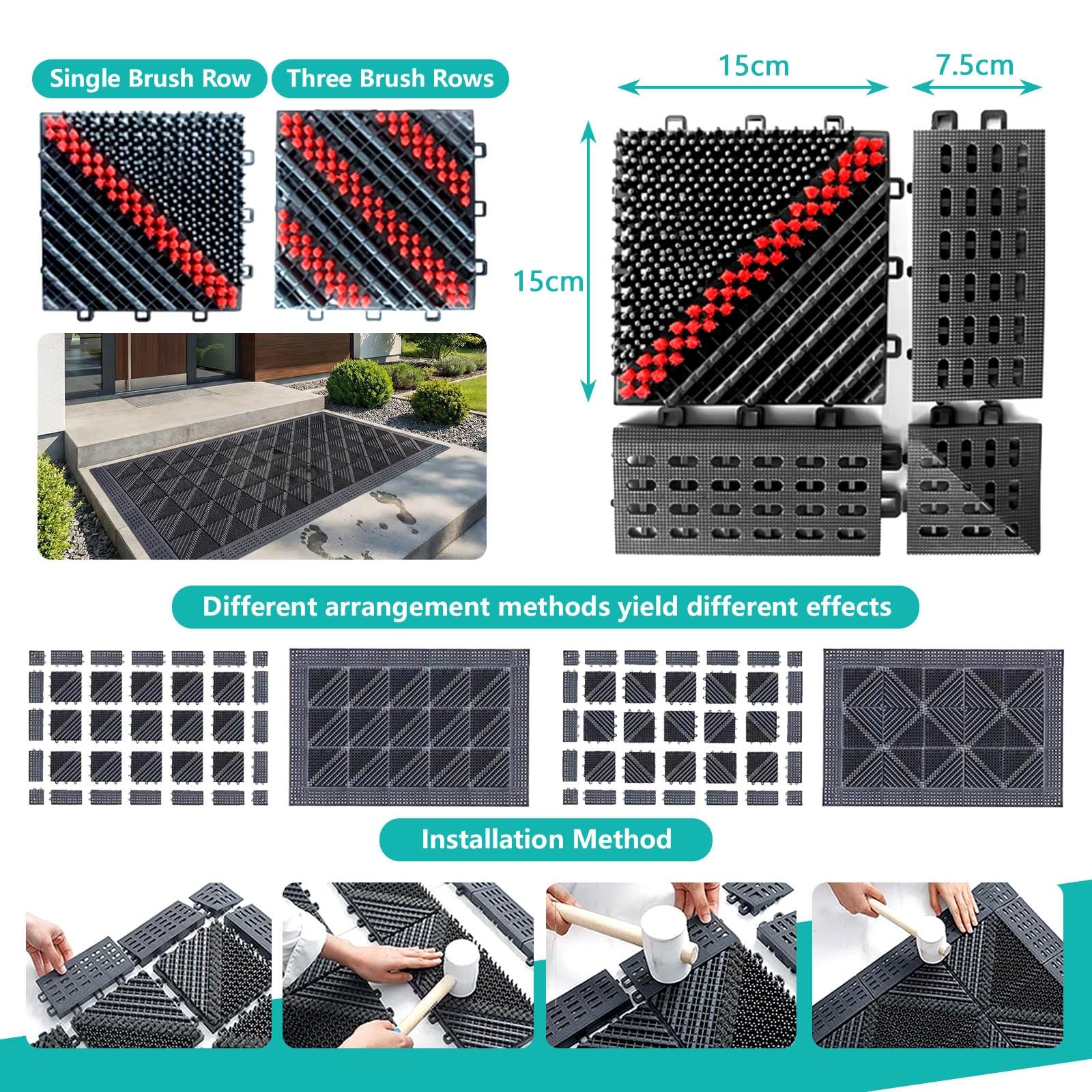 Felpudo de EVA resistente para todo tipo de clima con cepillo raspador, diseño entrelazado, impermeable, para garaje, patio, jardín, rojo y gris (60 x 90 cm, 3 cepillos)