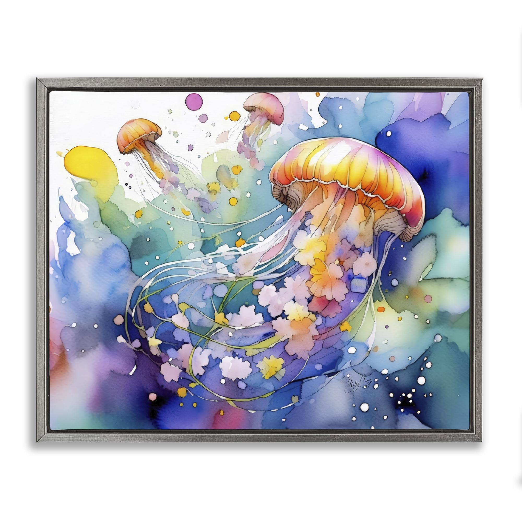 Stupell Industries Luster Gray (Matte) 'Neon Jellyfish Underwater'| Floating Frame Canvas Art