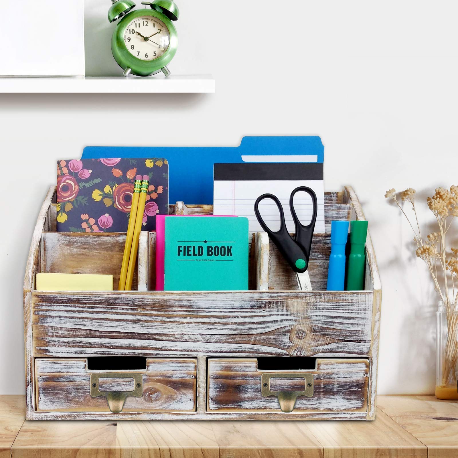 Excello Global Products Organizer da scrivania in legno rustico: include 6 scomparti e 2 cassetti per organizzare accessori da scrivania, posta, penne, quaderni, cartelle, matite e forniture per