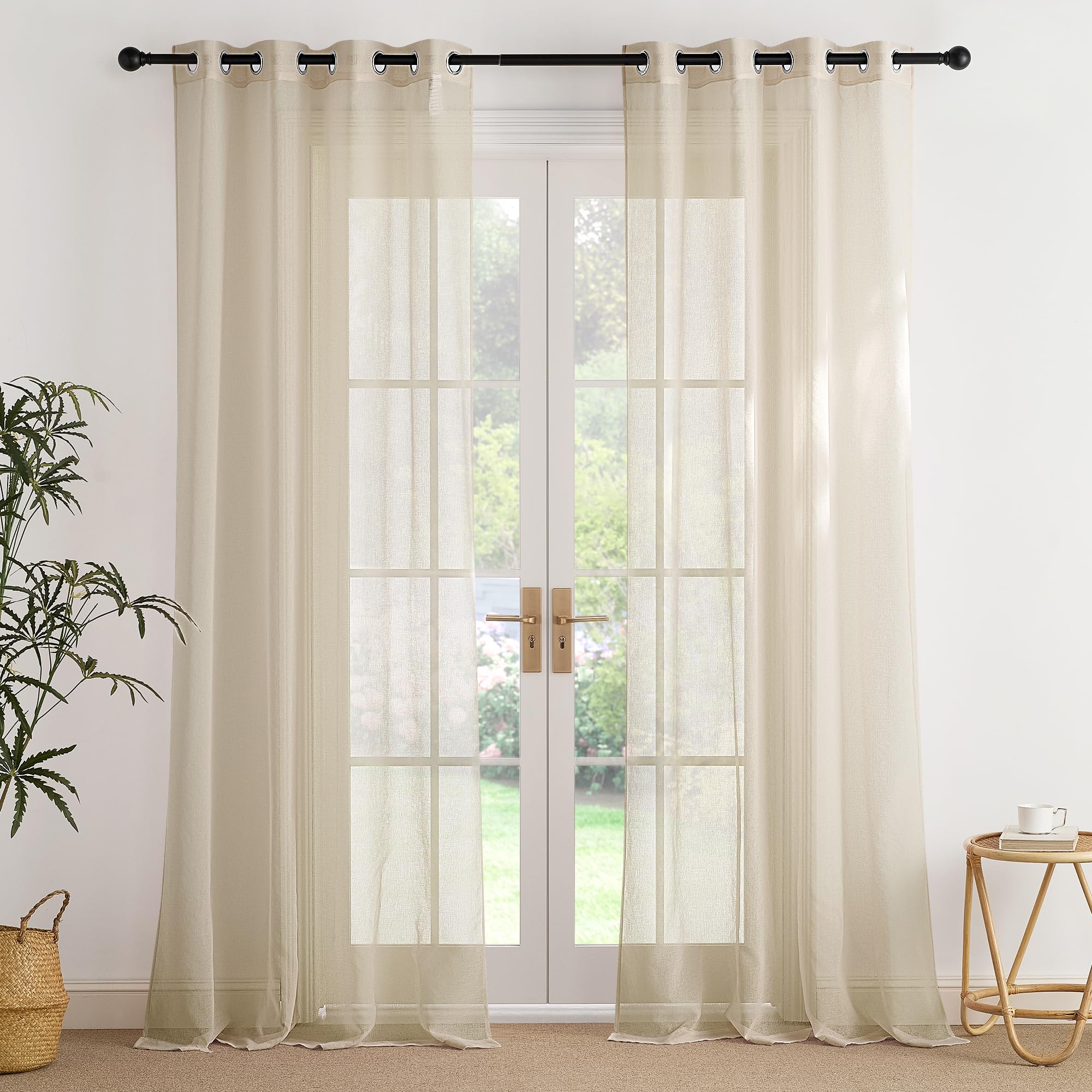 PONY DANCE Extra Lange Vorhänge 260 cm Hoch Vorhang lichtdurchlässig Voile Gardinen Transparent Ösenschal 2er Set H 260 x B 140 cm Wohnzimmer Gardine mit Ösen Durchsichtig Leinenoptik, Khaki