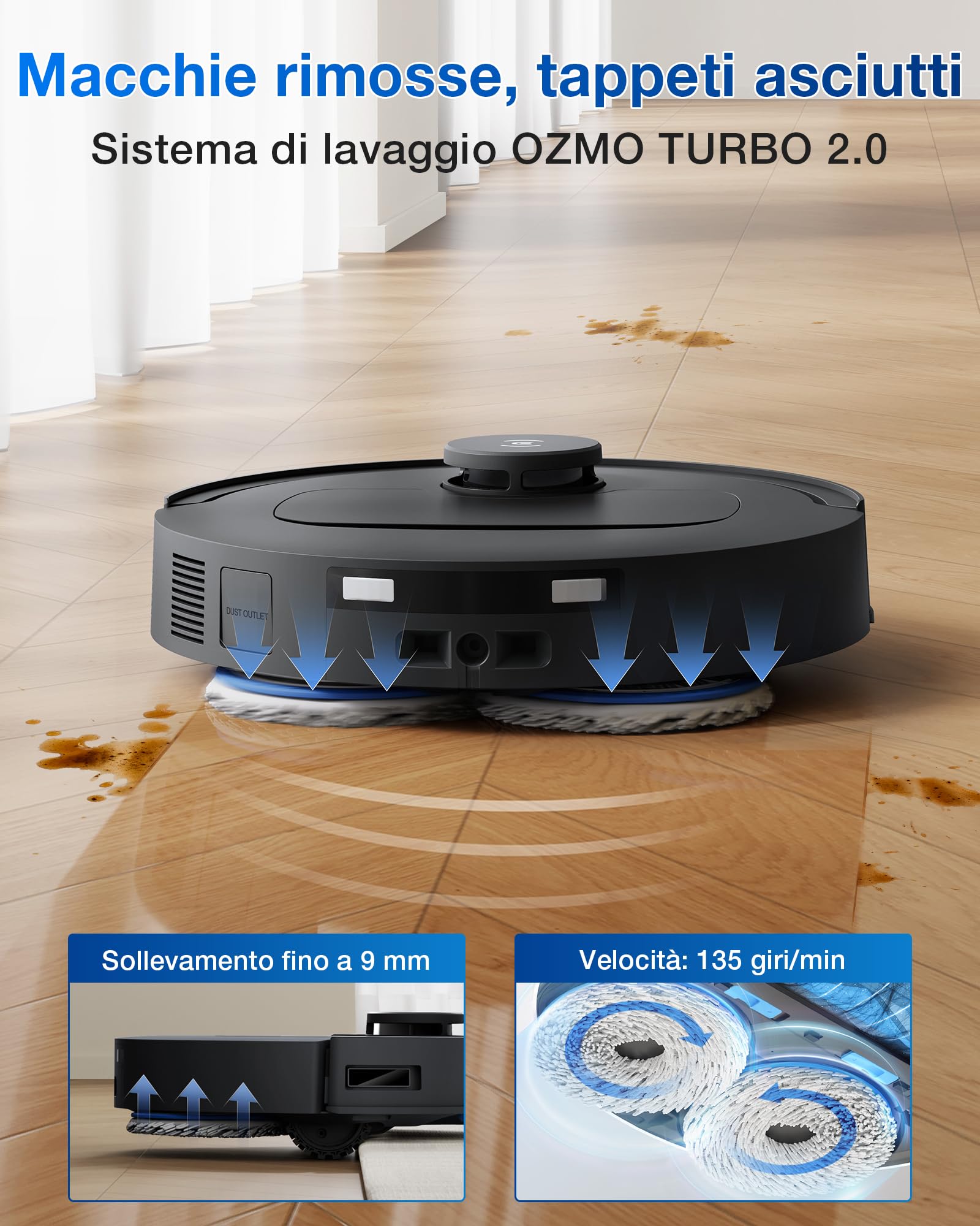 ECOVACS DEEBOT T30e OMNI Robot aspirapolvere lavapavimenti, 25.000 Pa, ZeroTangle 3.0, spazzola later. ARClean, spazzola princip. tripla V, stazione OMNI svuot. automatico, asciugatura a 45 °C, nero