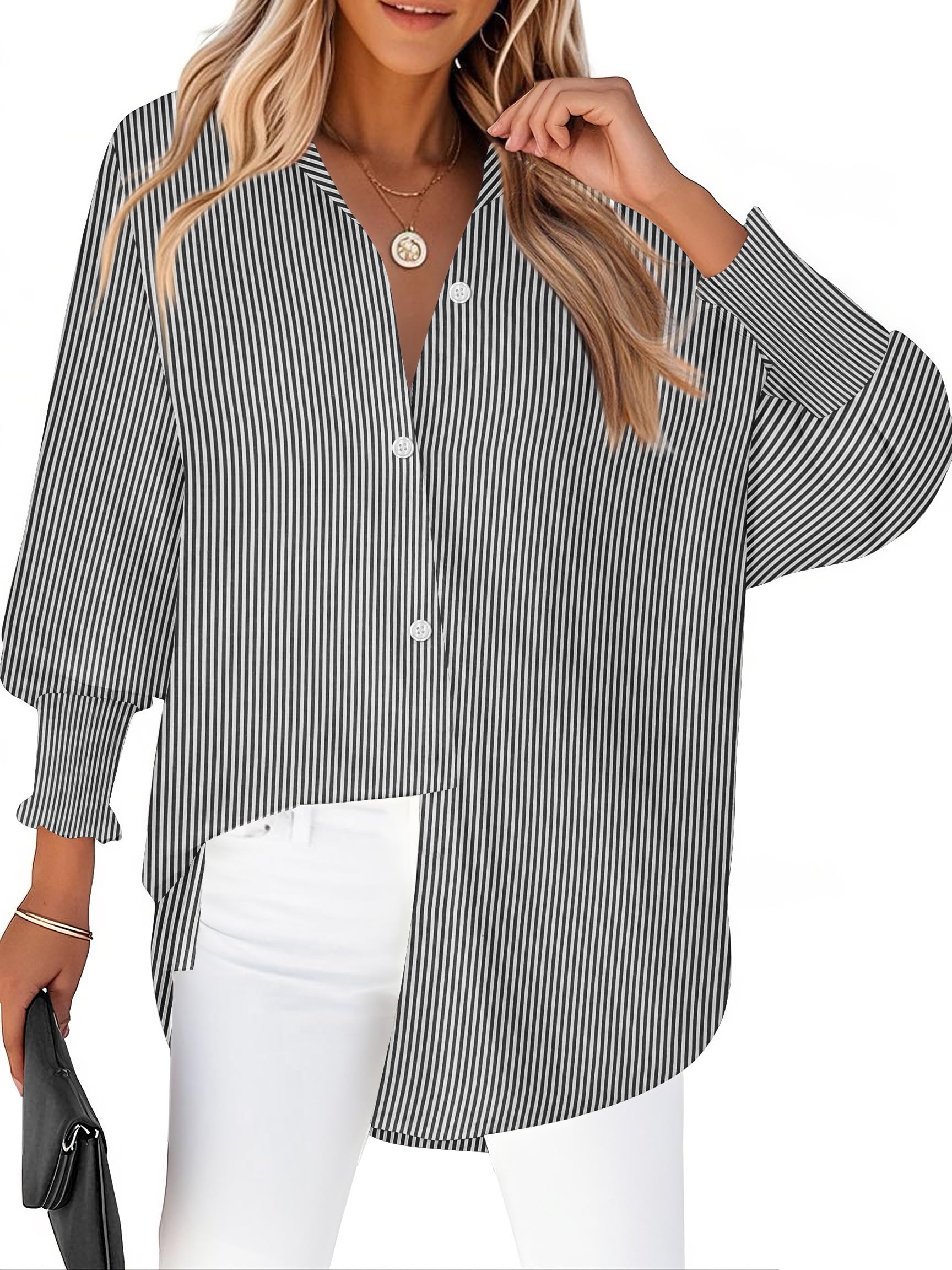 Zeagoo Womens Button Down Shirts Loose Fit Striped Printed Lantern Long Sleeve Blouses Smocked Cuff Business Work Fall