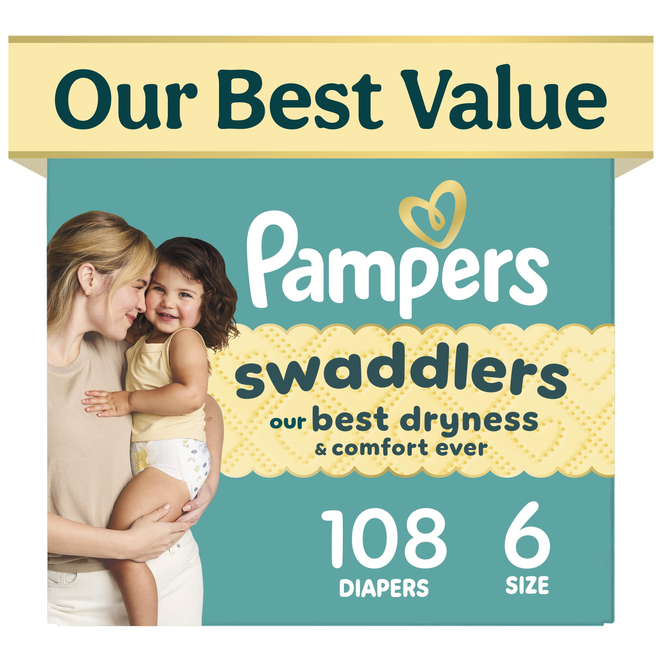 Swaddlers Diapers, Size 6 (23-44 lbs), 108 Count, Absorbent, Keeps Baby Dry and Comfortable, Pediatrician Recommended Skin Safe Disposable Baby Diaper