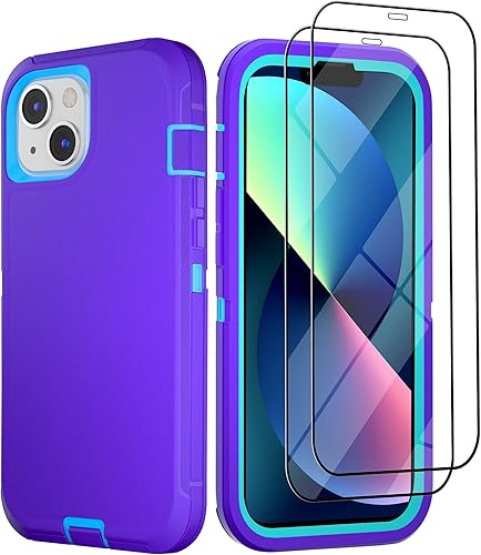 Funda para iPhone 13 con 2 protectores de pantalla, resistente de grado militar para hombres y mujeres (morado y azul)