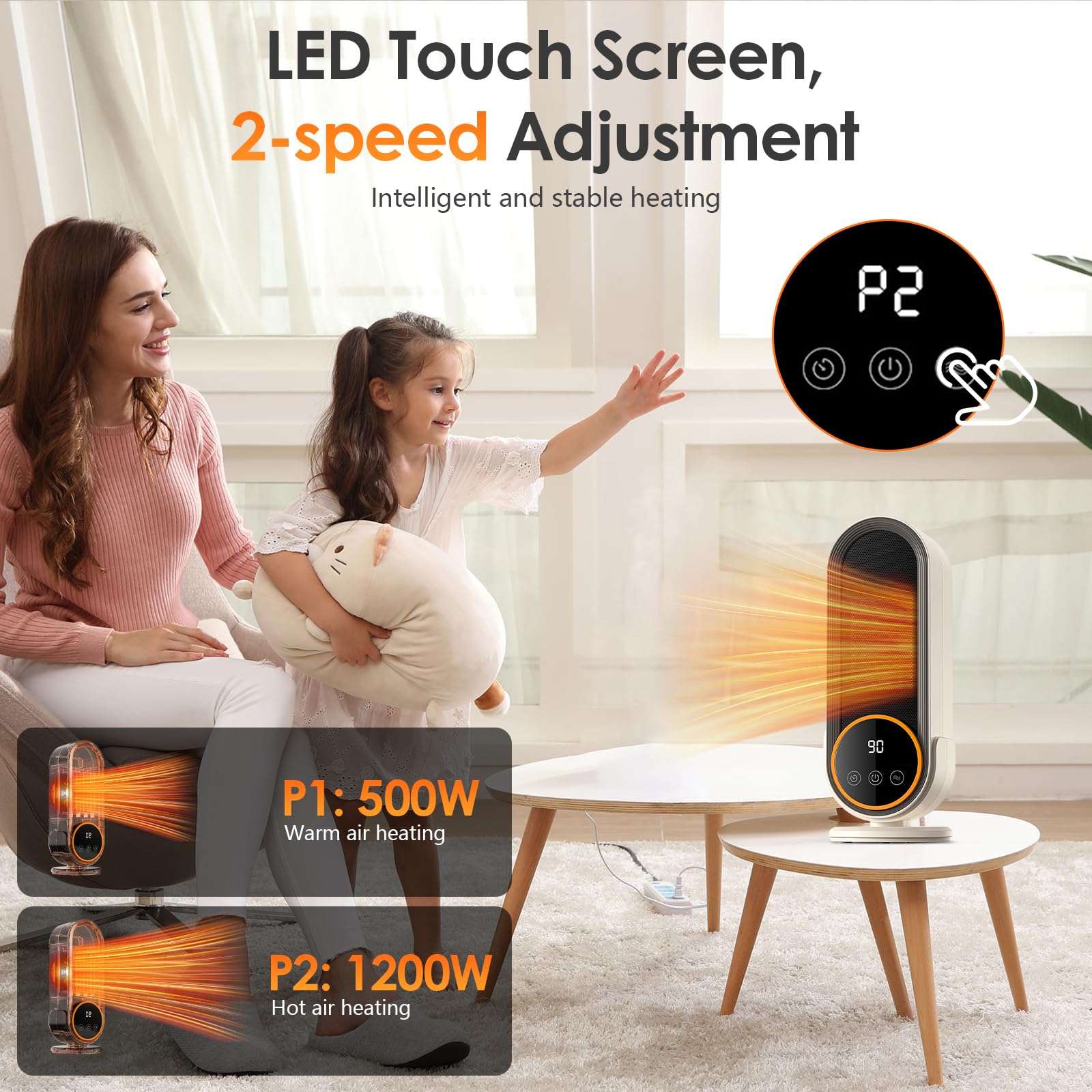 Journeyside Calefactor Eléctrico 1200W,Calefactor de PTC con 2 Ajustes Temperatura,Temporizador de 30/60/90 Mins,Protección Contra Vuelcos,Calefactor Bajo Consumo Cerámico para Oficina y Dormitorio