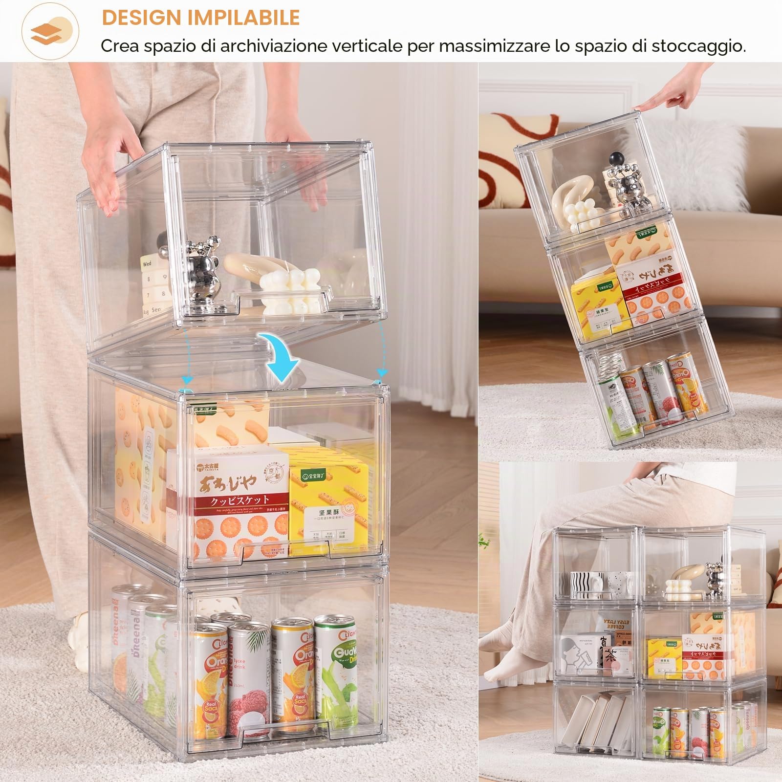 2 contenitori impilabili in plastica con cassetto estraibile, grandi contenitori in acrilico trasparente per frigorifero, dispensa, frigorifero, organizzazione e conservazione