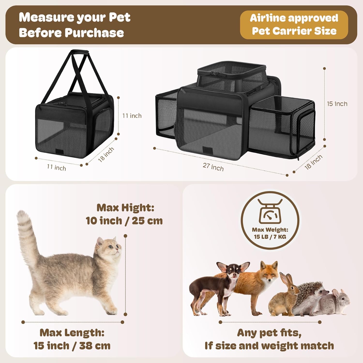 Top and 2 Sides Expandable Cat Carrier 18x11x11, TSA Airline Approved Dog Carriers for Small Dogs, Soft-Sided Pet Carrier with Self-Locking Zippers for Kitten,Rabbit, Puppy, Guinea Pig Black