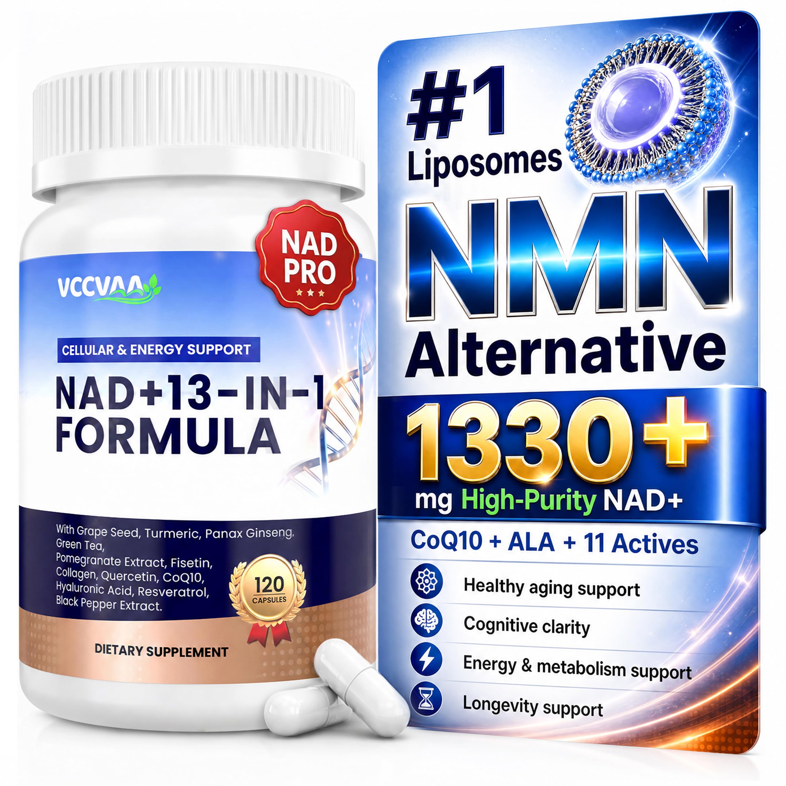 Liposomal NAD Supplement 500mg - NMN Supplement Alternative - 13-in-1 Energy & Anti-Aging Complex with Resveratrol, CoQ10 & Collagen - 120 Capsules