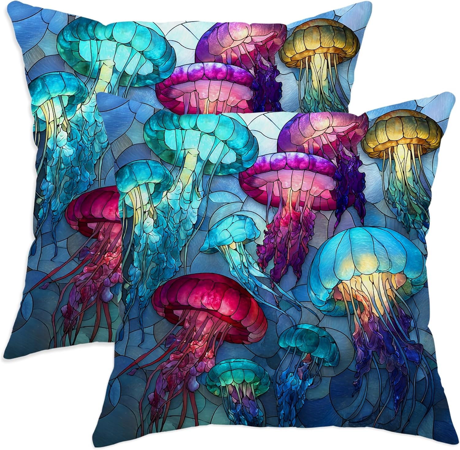 Colorful Jellyfish Throw Pillow Covers Set of 2, Ocean Inspired Decorative Cushion Cases for Home Sofa Bed Couch, Summer Beach Decor 24x24 Inch