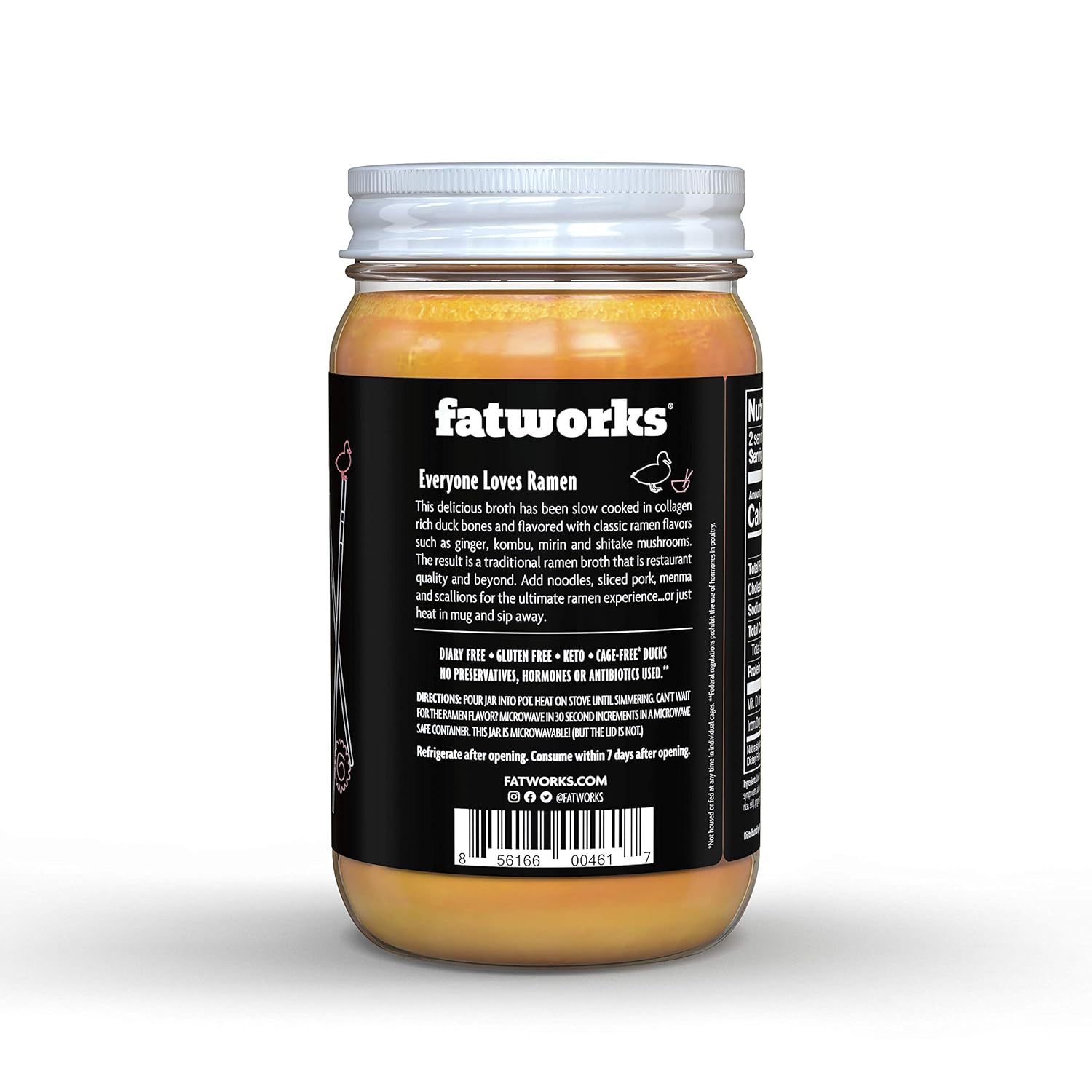 Fatworks Gourmet Cage-Free Duck Bone Broth, Ramen Flavor, Keto, Paleo, Collagen Rich, Preservative Free, 3 pack of 15 oz. Jars