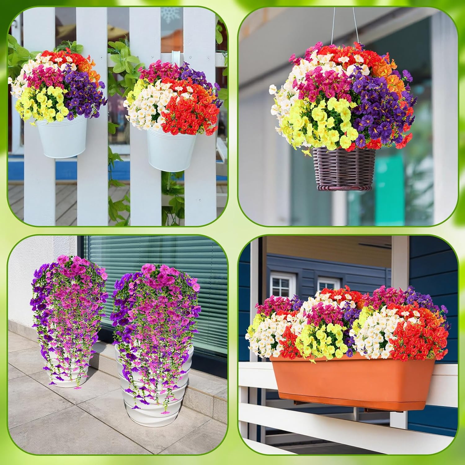 Zeyune 48 Pcs Artificial Hanging Flowers Plants for Outdoors Faux Hanging Plant Faux Silk Morning Glory with Eucalyptus Leaves Artificial Plants Summer Fall Decoration for Window Yard Garden Decor