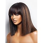 LUVME HAIR 12 Inch Yaki Straight Bob Wig with Bangs Human Hair Glueless HD Lace Bob Wig with Brown Highlights, Ready to Go Short Wigs For Women 180 Density Breathable Cap