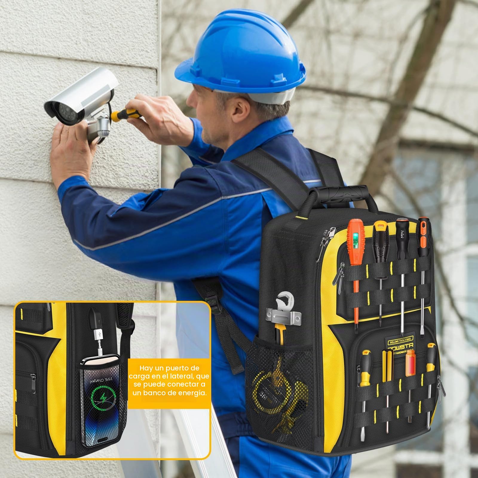 18"Mochila Para Herramientas con Puerto USB, Mochila para Herramientas Impermeable Para Hombres con 23Bolsillos,Correas Ajustables Para Los Hombros,Para Electricistas y Técnicos de Reparación