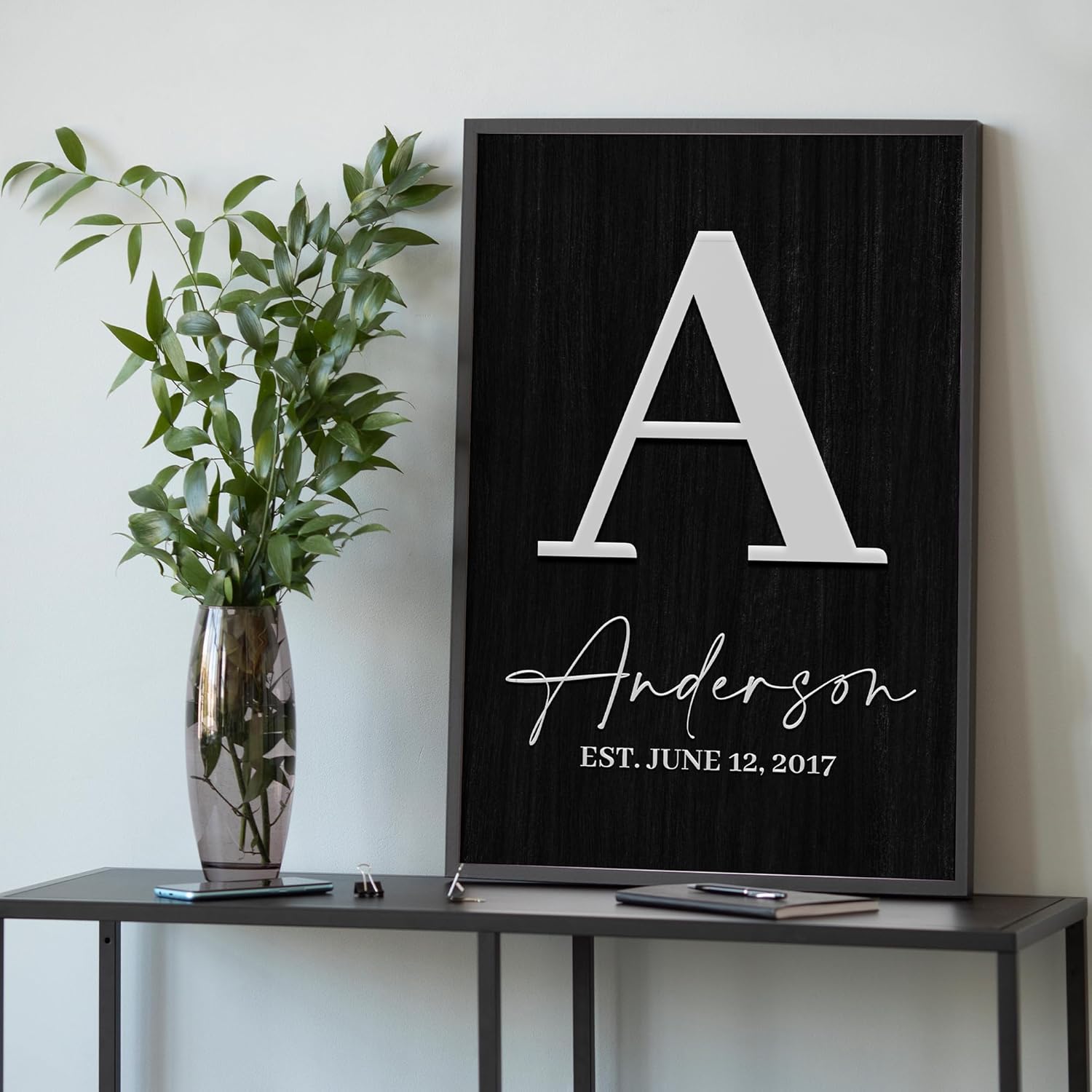 Awesometik Personalized Family Name Canvas Sign – Custom Monogram Portrait, White, Black Background (Black Background)