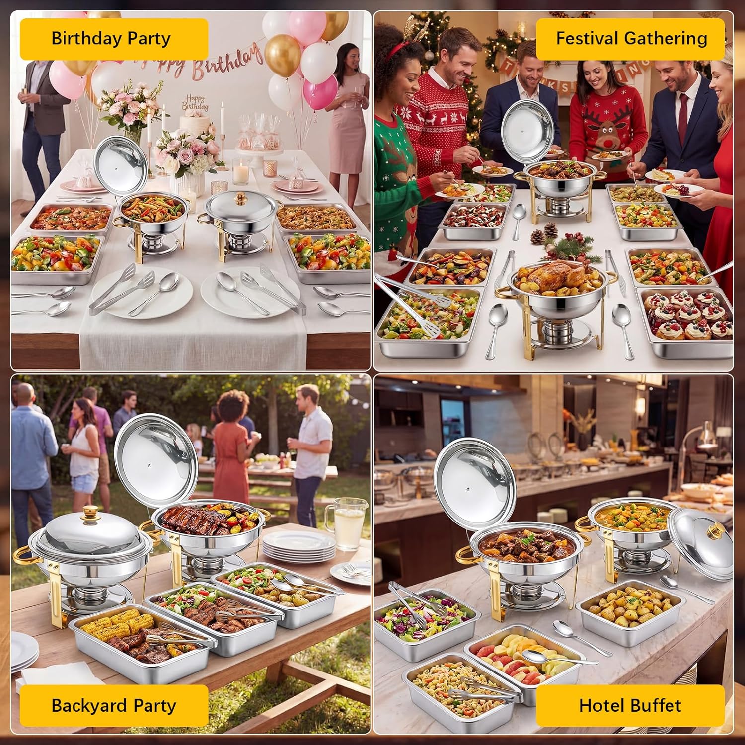 Chafing Dishes for Buffet Set 2 Pcs Stainless Steel Chafing Dishes with Lid 4 Stainless Steel Food Pan Metal Tray Food Container 8 Serving Utensils (Spoons and Tongs) for Party Event Dinner