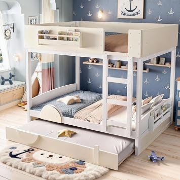 Full over Full Bunk Bed with Trundle, Wood Bunk Beds with Ladders, Bookshelves, and Guardrails, Full Bunkbed for Kids, Boys, Girls, No Spring Box Needed and Childlike Design, Beige and White