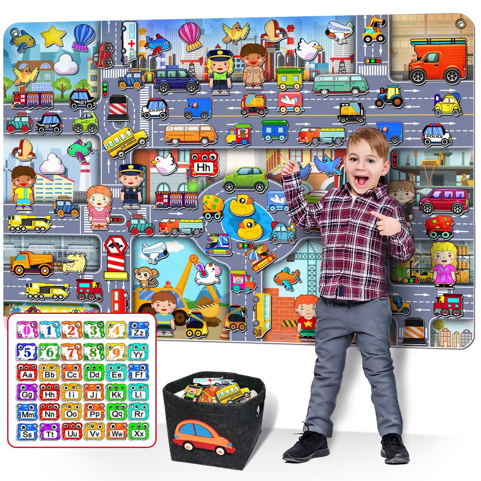 200 PCS Felt Board Story Set for Toddlers with Storage Bag City Traffic Themed Flannel Sensory Board Wall Interactive Storytelling Teaching Play