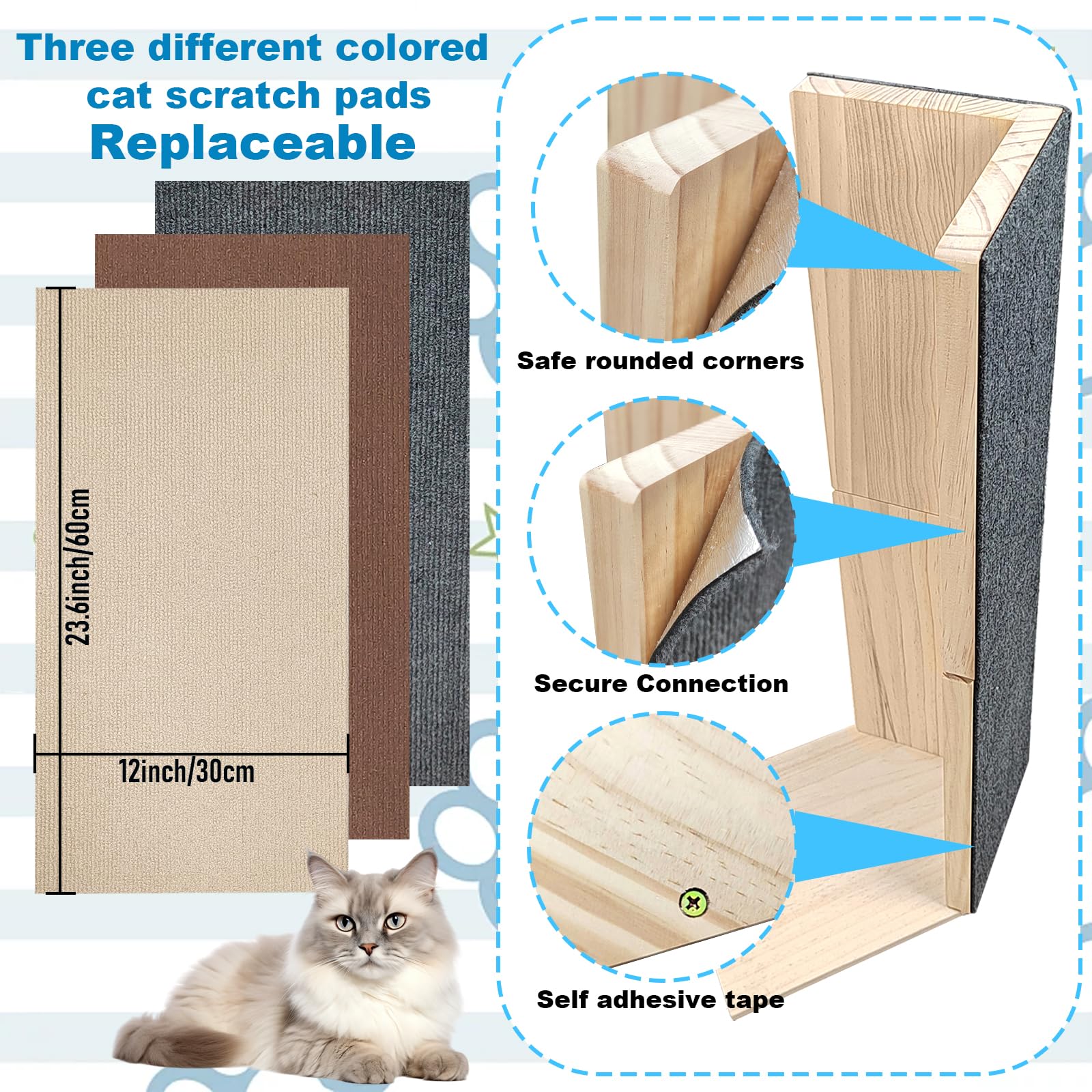 24" Tall Couch Corner Scratching Post with 3Pcs Replaceable Self-Adhesive Cat Scratching Post Carpet, Cat Scratch Pad Mat- Stylish Indoor Cat Scratcher Board Furniture Protector 2